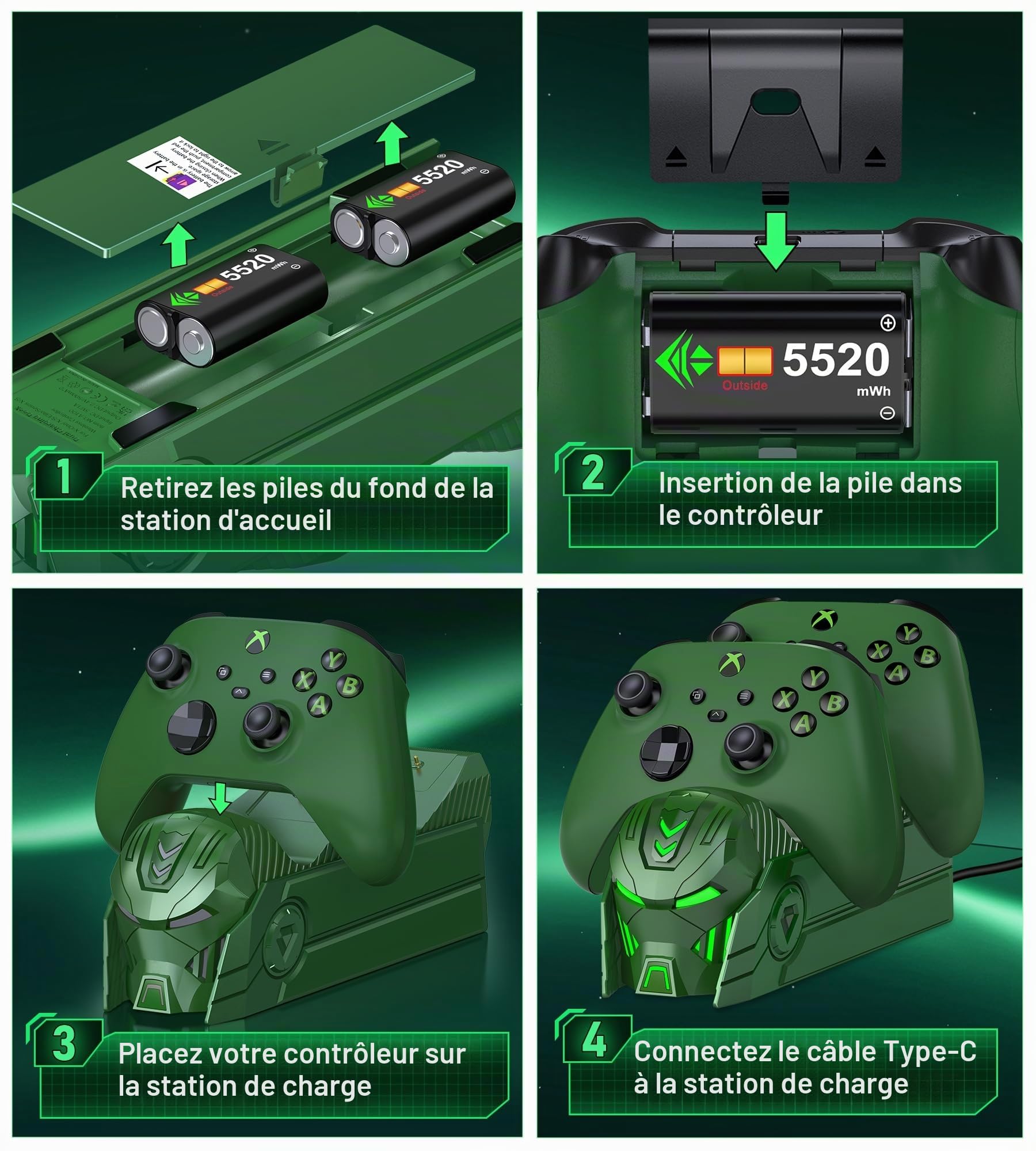 HELLCOOL Lot de 2 batteries rechargeables pour manette Xbox, 5520 mWh avec station de charge Xbox, écran LED, compartiment de batterie, pour Xbox Series X, S, Xbox One/Elite/S, X