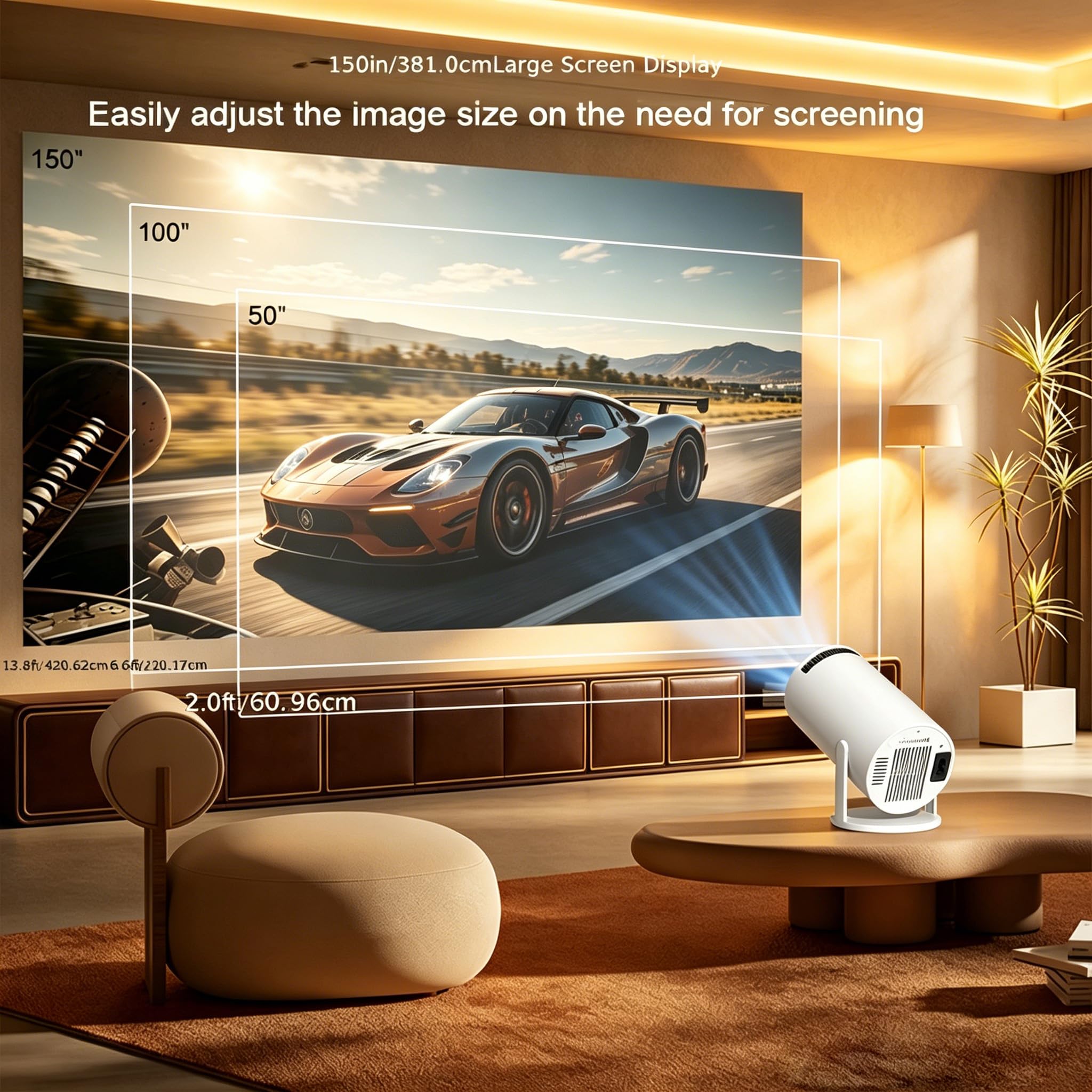 Proiettore Smart Appartamento, Nativo 1080P Supporto 4K, Android 11, WiFi 6 + Bluetooth 5.4, Rotazione di 180°, Compatibile con iOSAndroidTV