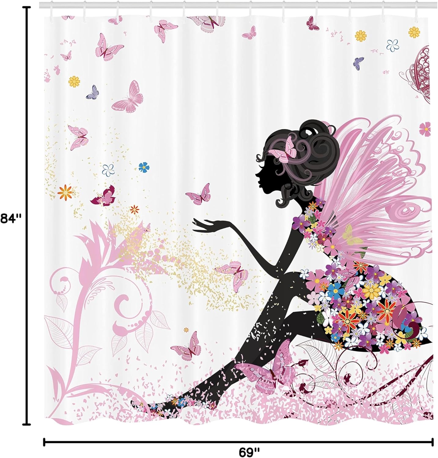 Ambesonne Fantasy Shower Curtain, Spring Girl Wings in a Floral Dress Surreal Garden Butterflies Print, Cloth Fabric Bathroom Decor Set with Hooks, 69" W x 84" L, Soft Pink