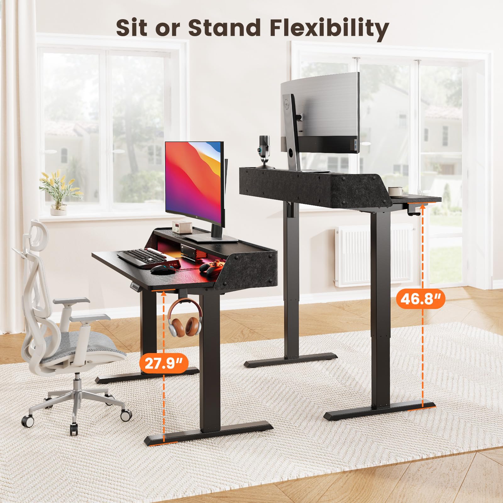 ErGear Standing Desk with LED Strip 48 x24 Electric Height Adjustable RGB Gaming Desk with Shelf Sit Stand — view 3