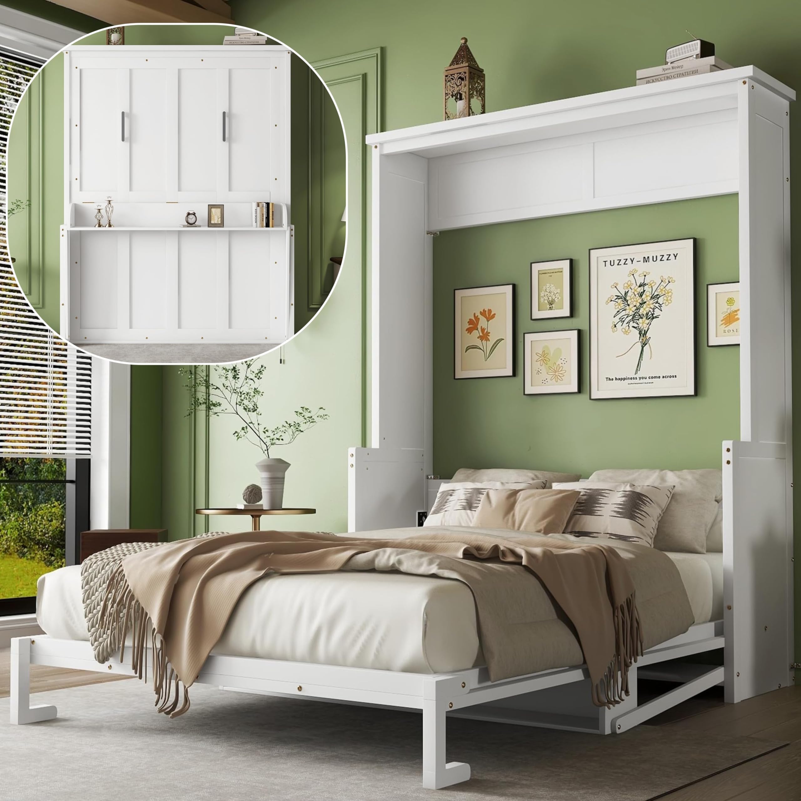 Murphy Bed Queen Size, Hidden Wall Bed Frame with Desk, Solid Wood Cabinet Bed Frame with Gas Struts, No Box Spring Needed, White, Similar*