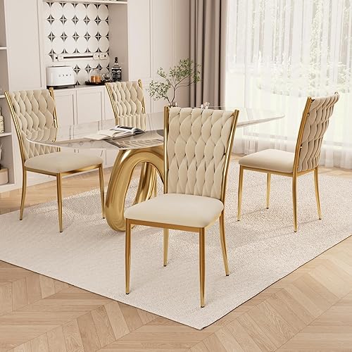 Juego de 4 sillas de comedor de terciopelo, modernas sillas de cocina tejidas con patas de metal dorado, cojín tapizado con respaldo alto,