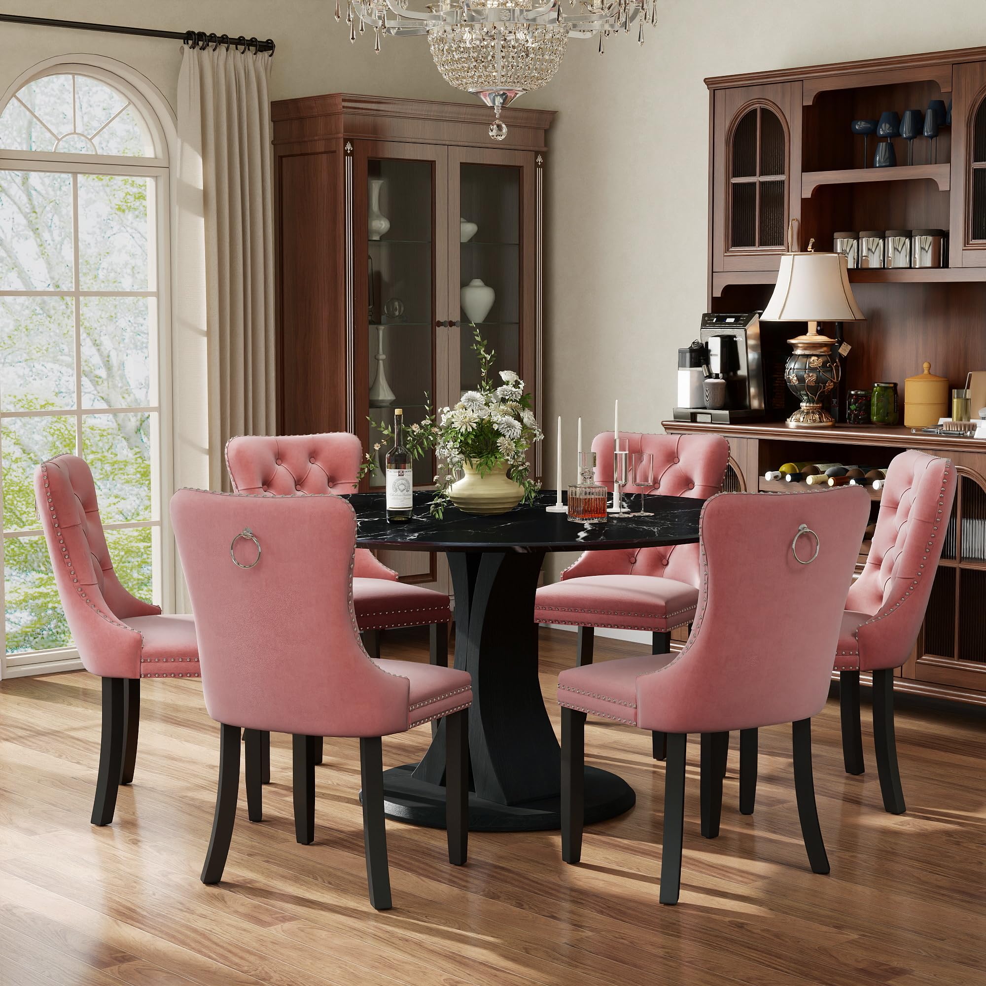 7-Piece Dining Table Set for 6 with 47 In Black Faux Marble Round Table