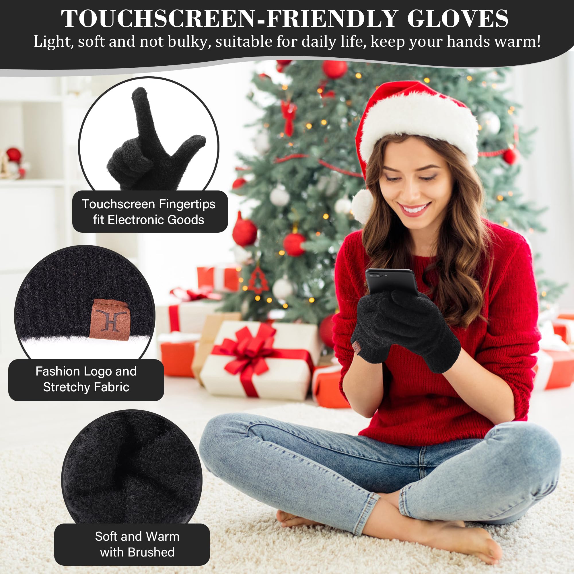 Bequemer Laden Femmes Hiver Chaud Bonnet Pompon Gants Tactiles Longue Echarpe Ensemble Tricot avec Doublure Polaire Cadeaux Noel Femme