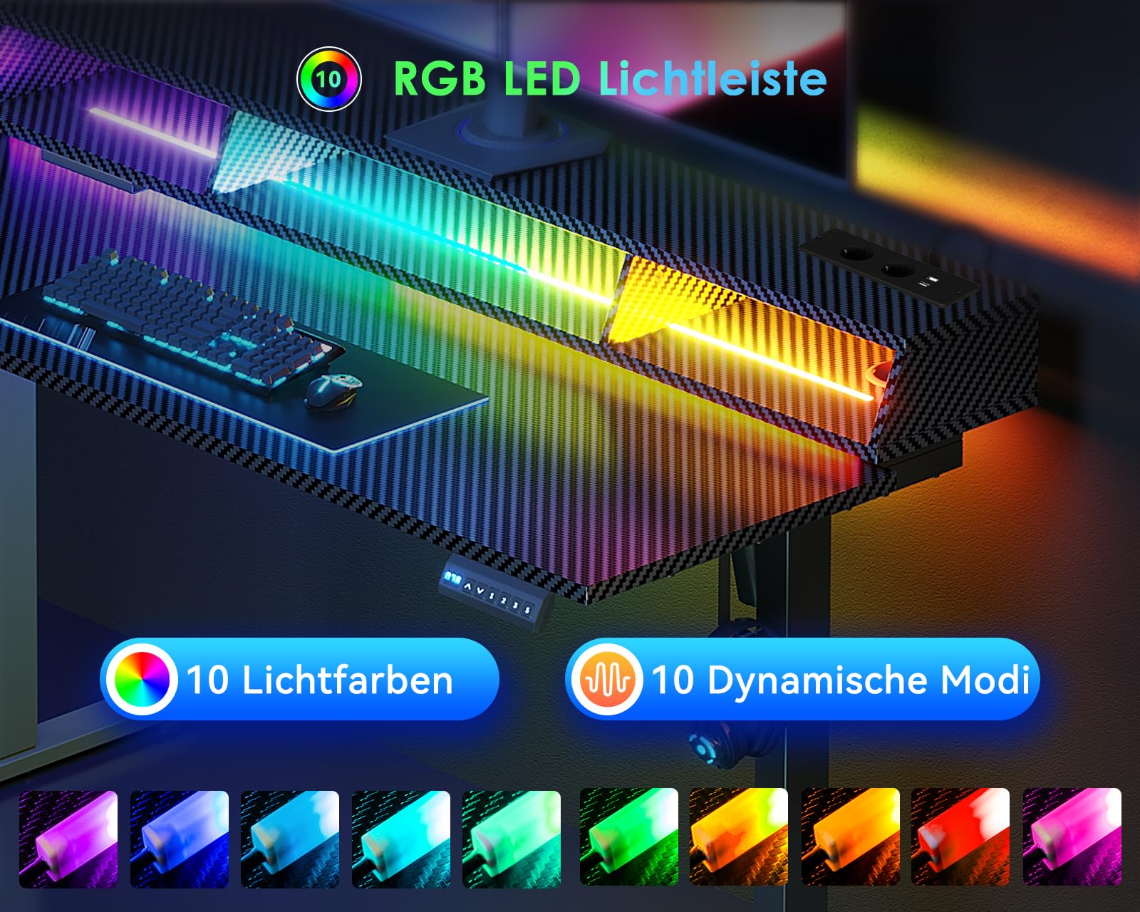 OffiGo Höhenverstellbarer Schreibtisch mit RGB LED 140×60 cm, Schwarz | Gaming Tisch mit RGB LED & Steckdosen, Elektrischer Schreibtisch mit 3 offene Ablagen, Computertisch für Home