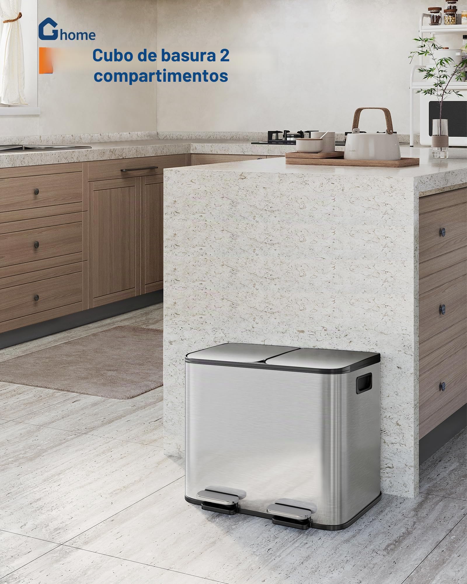Acekool Cubo de Basura Doble 30L Acero Inoxidable con Pedal Sin Contacto | Tapa soft‑close y recipientes internos fáciles de retirar.
