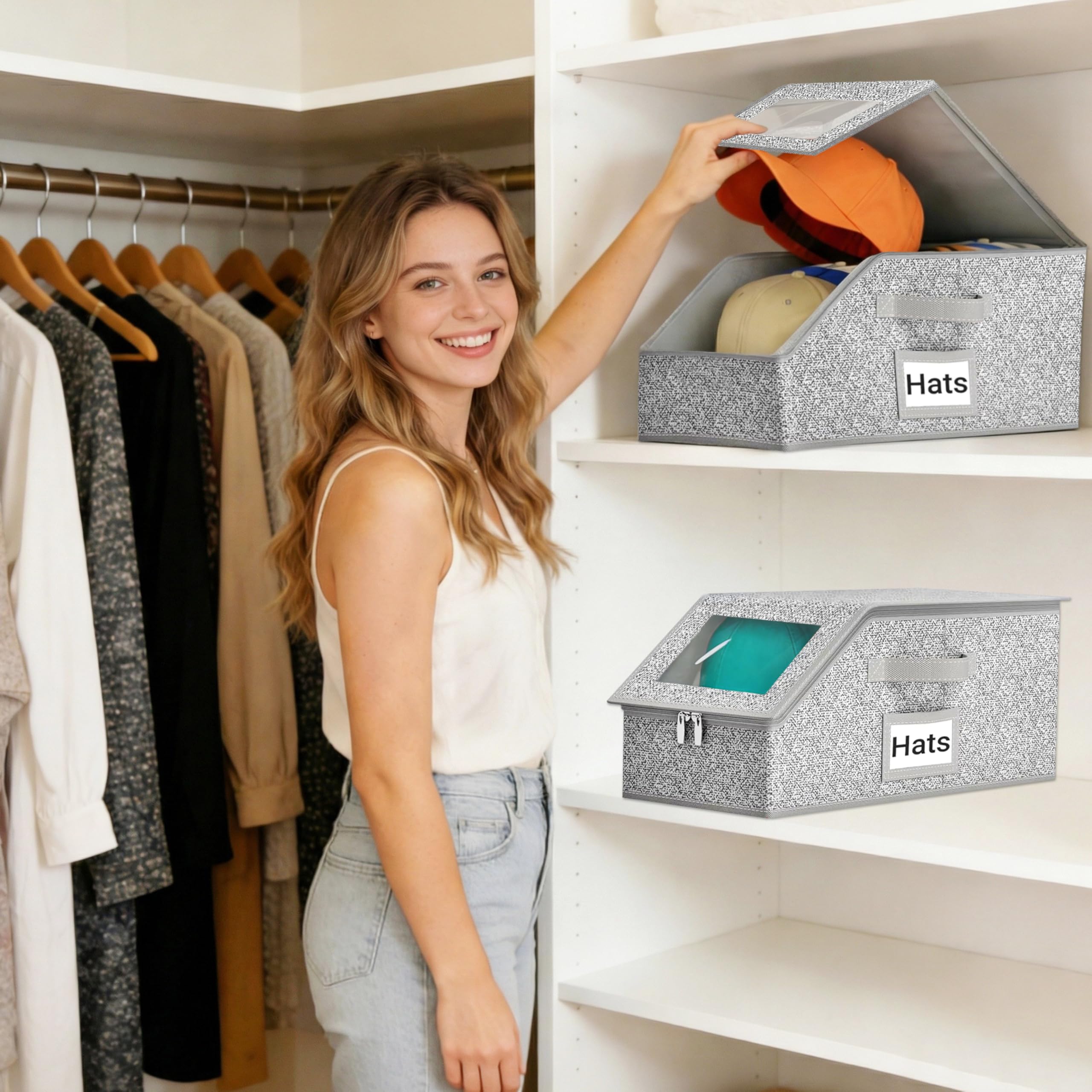 Organizzatore Porta Cappelli Pieghevole Organizzatore Armadio Anti-Polvere Grande Capacità Portacappelli con Chiusura a Zip e Tessuto Traspirante per Armadio Scaffale Guardaroba 2 Pezzi Grigio