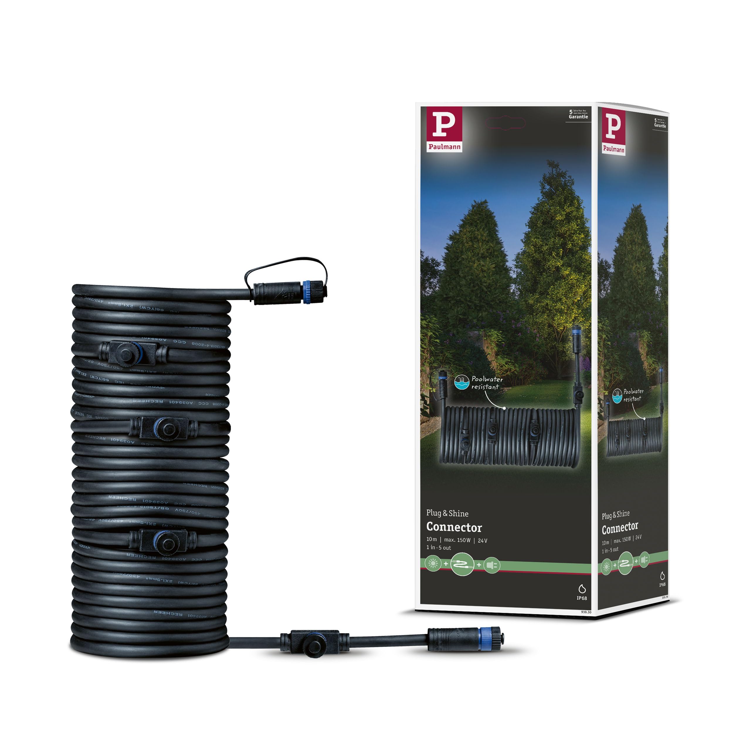 93930 Outdoor Plug & Shine Cable IP68 10m 1 in-5 Out 2x1,5mm² Black Plastic, 1000 x 1.5 x 1.5 cm