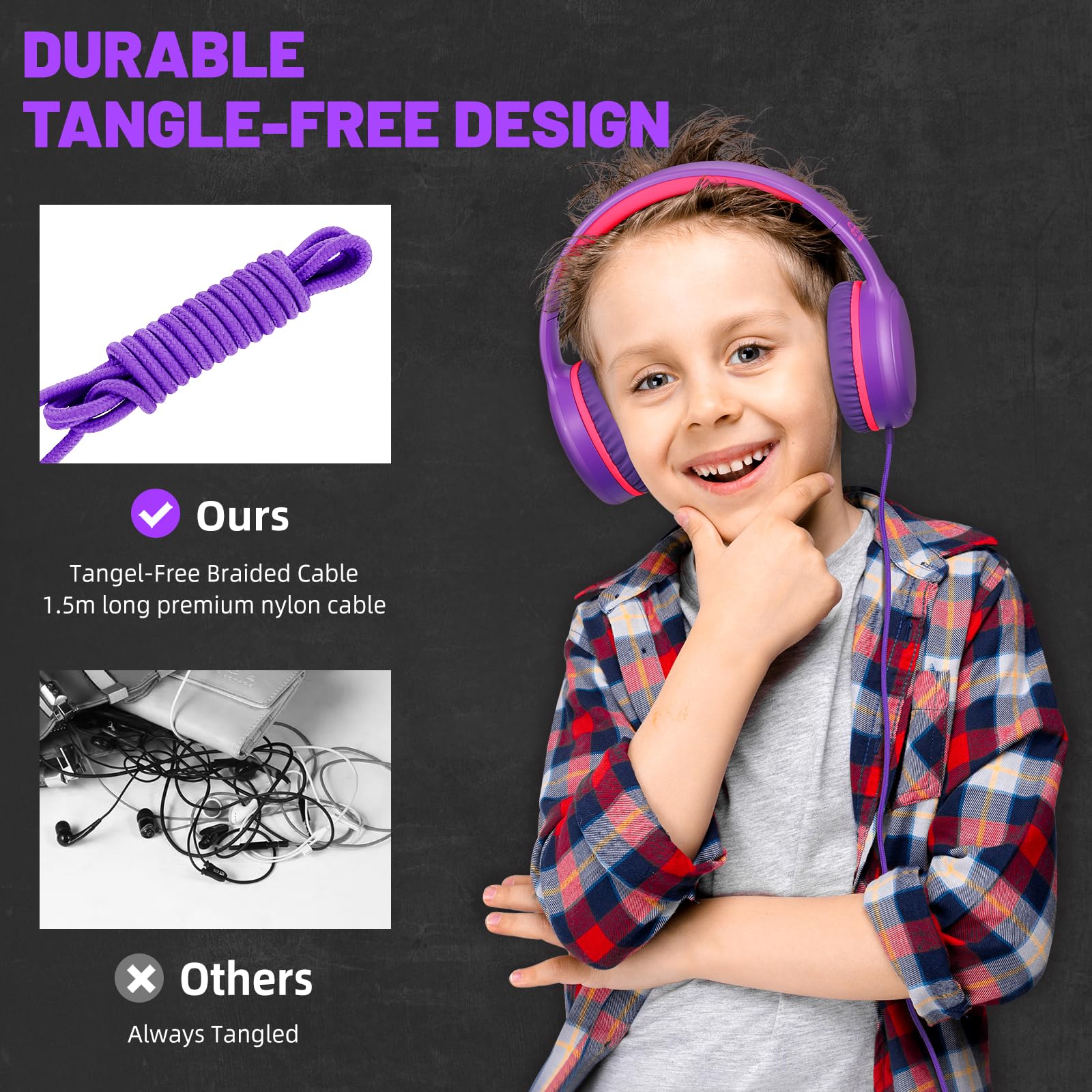 UKELALA Paquete de 5 auriculares con cable para niños, estéreo, ligeros, con cable de 5 pies sin enredos y conector de 3.5 mm, compatibles con Chromebooks y PC, teléfono escolar, verde, azul, rojo,