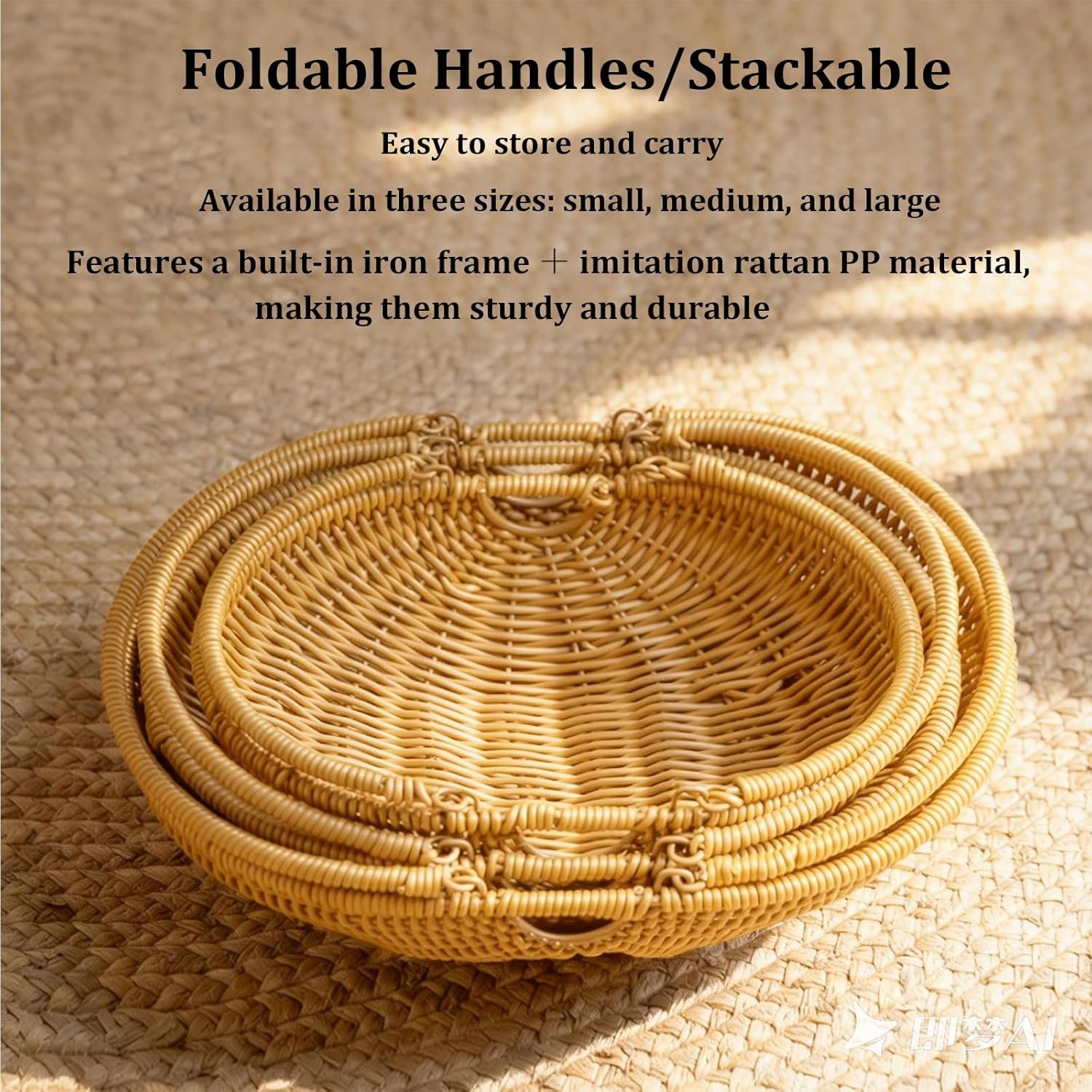 Wicker Picnic Storage Basket with Handle, PP Woven Picnic Basket Wicker Woven Basket for Outdoor Camping, Beach, Park, Can Store Fruits Vegetables Flowers Snacks(L 33.5x22.5x23cm)