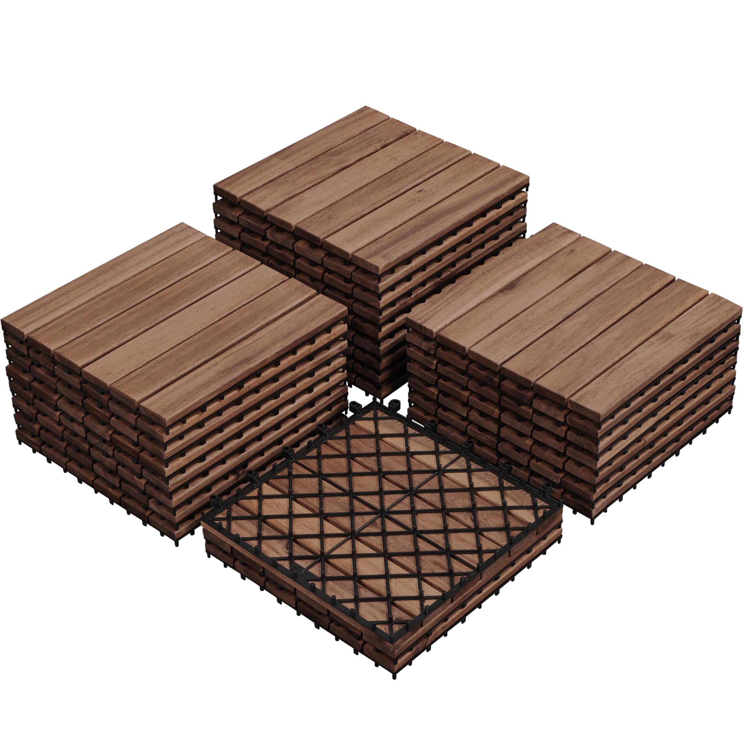 Yaheetech 1 Pack Waterproof Acacia Wood Interlocking Decking Tiles Flooring Tiles 31×31cm for Outdoor & Indoor, Patio, Balcony, Garden, Total 27pcs, Brown 1