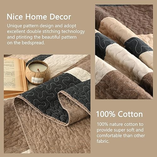 Miniatura 4 de Finlonte Colcha tamaño King, 100% algodón, colcha de gran tamaño King de tamaño King, color marrón carbón, beige, California King, acolchada, a
