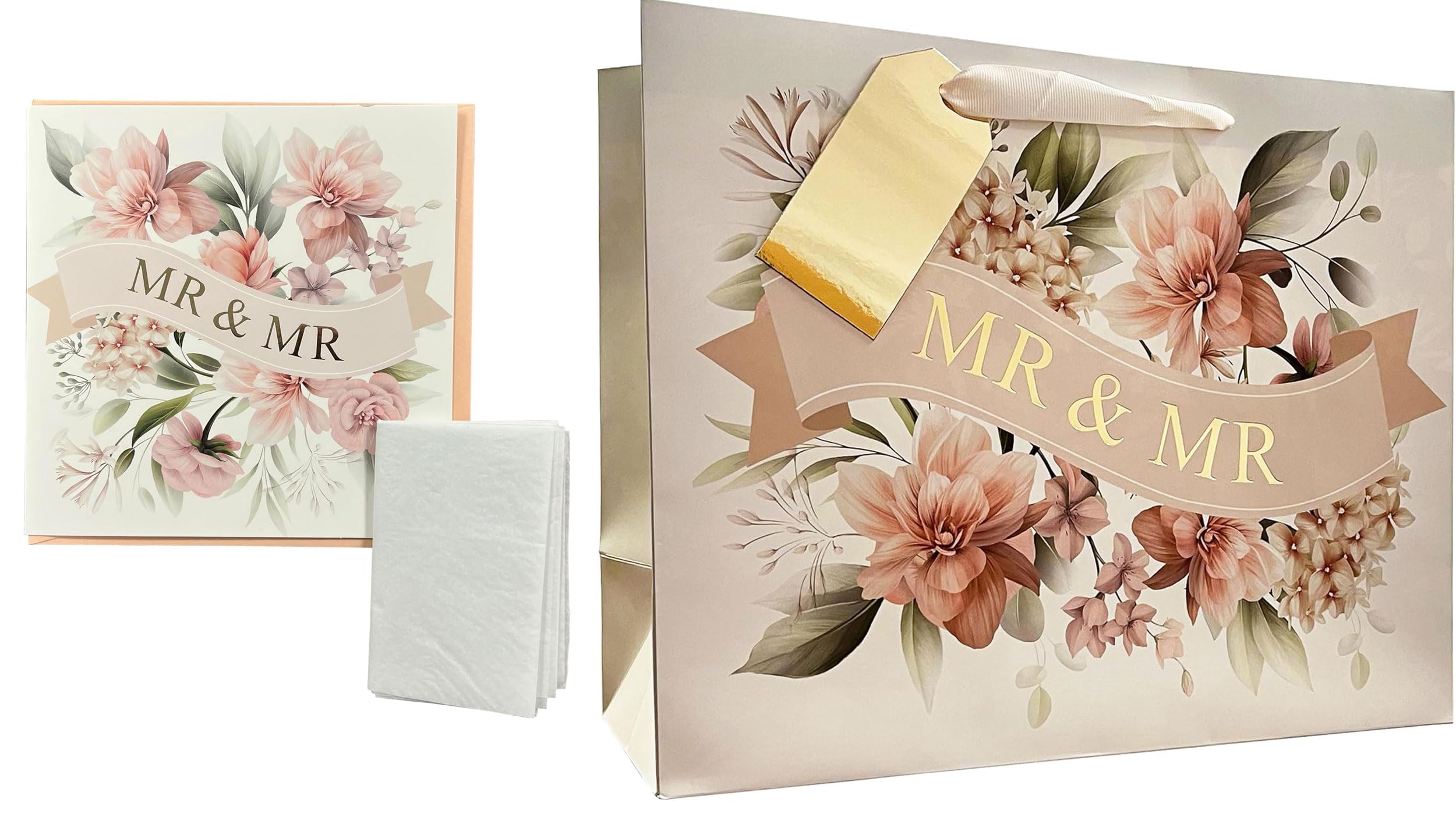 Design By Violet Mr & Mr Wedding Gift Bag, Greeting Card and Tissue Paper Set β Extra Large Floral Shopper Bag with Satin Handle β Gift Wrap Set for Gay Wedding Presents