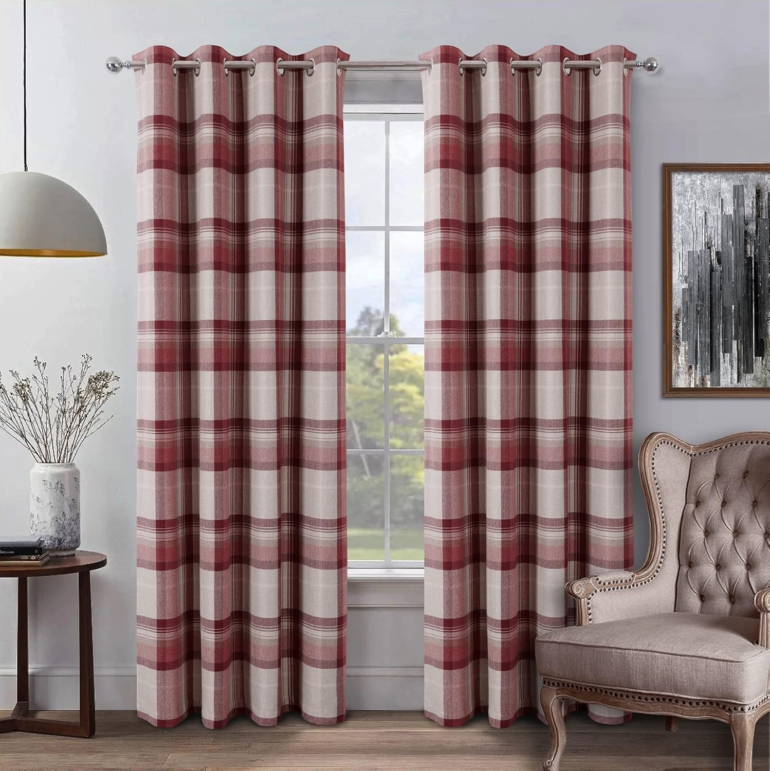 always4u Red Check Curtains Eyelet Red Tartan Highland Wollen Woven