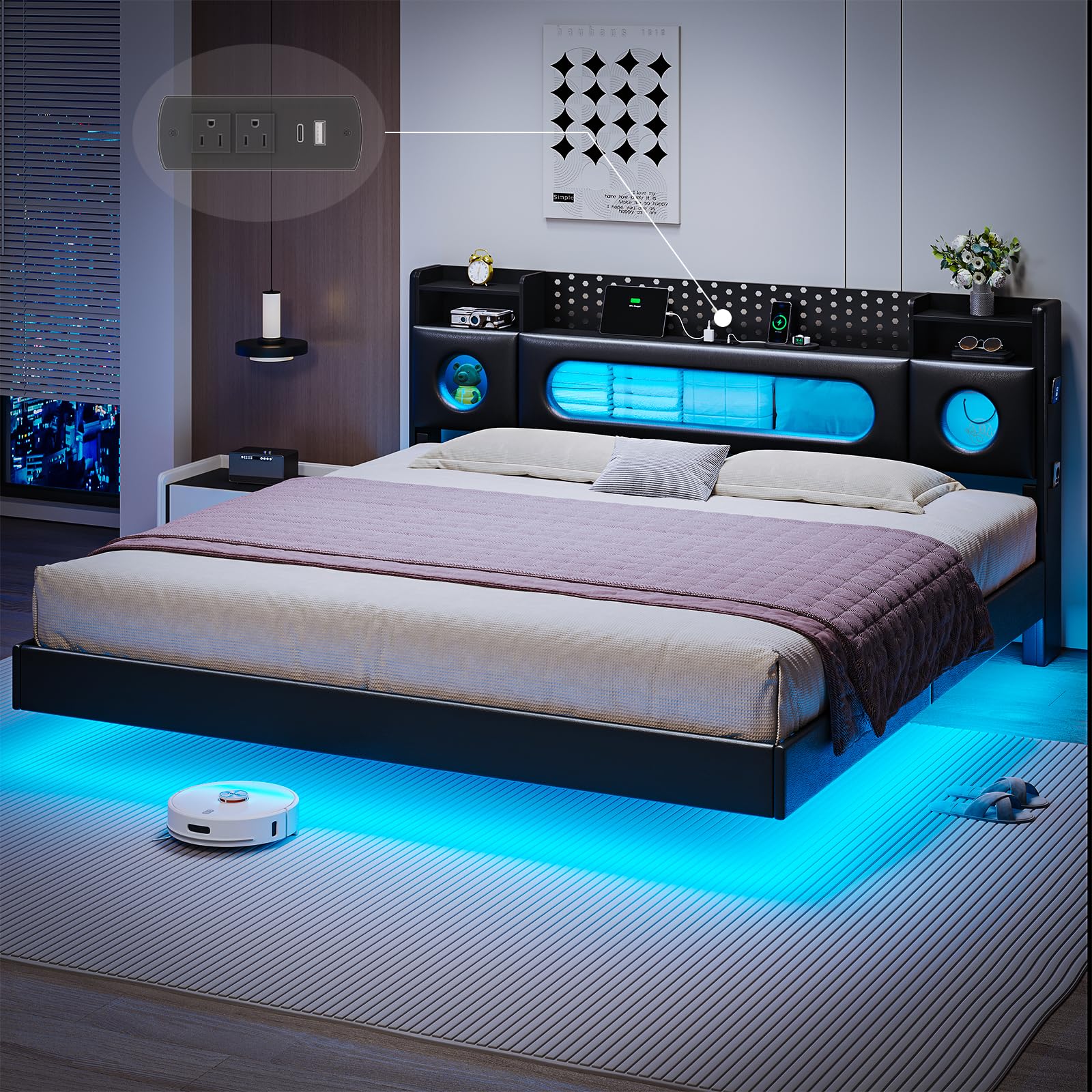 King Size Bed Frame with Storage Headboard, Floating Bed Frame King with Storage & Charging Station, King Size Bed with LED Lights,Platform Bed No Box
