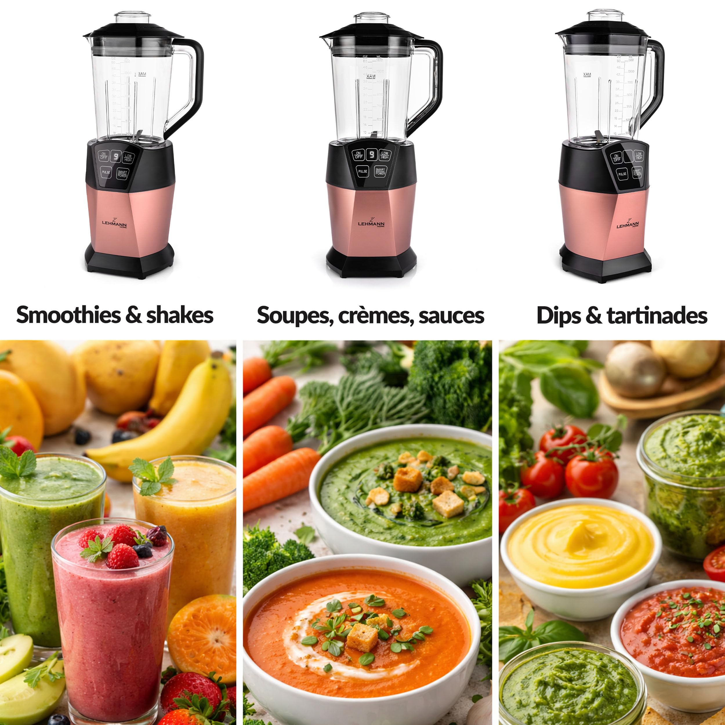LEHMANN Blender & Smoothie Mixeur 2-en-1 avec Bol 1500 ml et Gobelet Portable 800 ml, 4 Programmes, Lames à 6 Couteaux en Acier Inoxydable, sans BPA, Nettoyage facile, Puissance 1000 W, Or rose