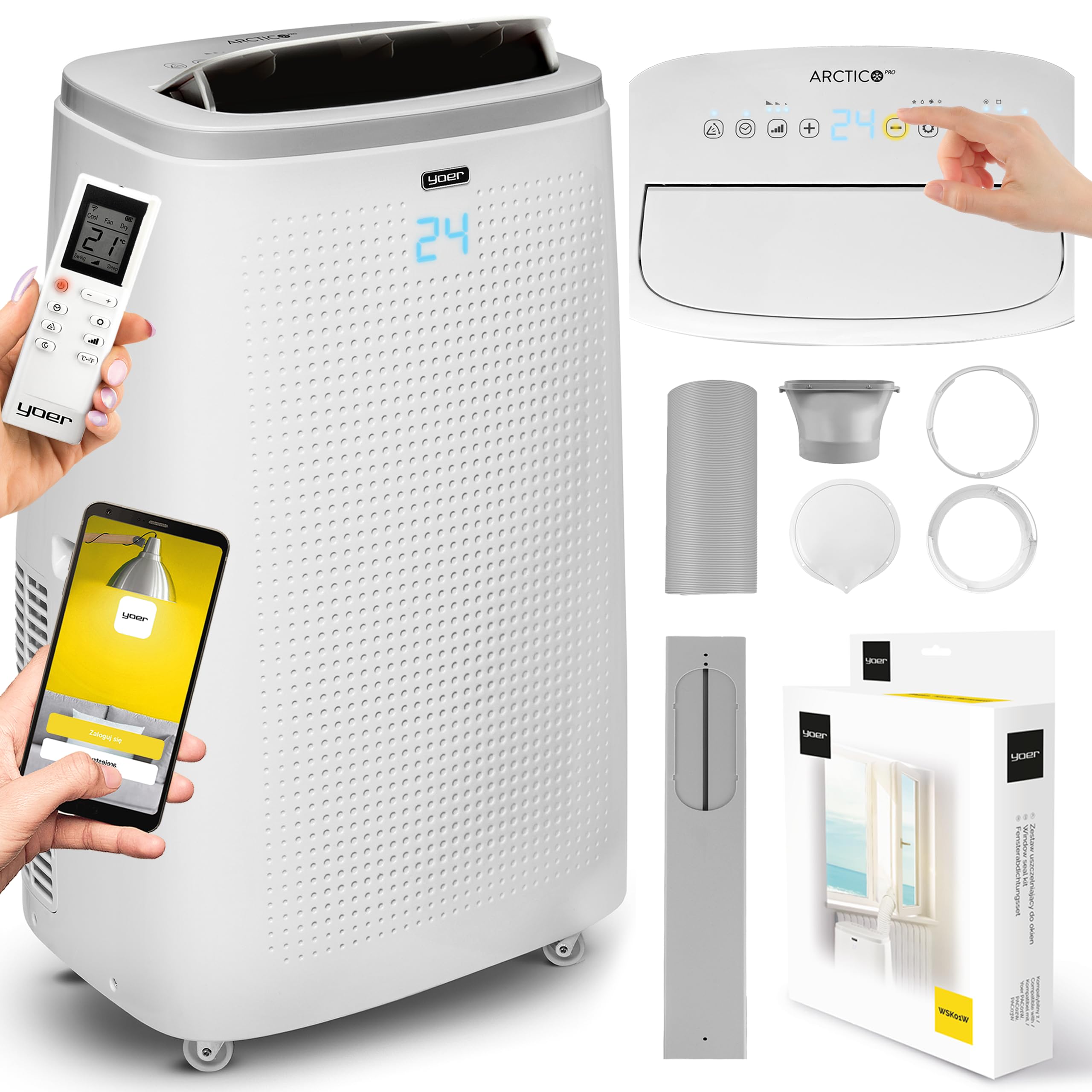 Yoer Mobile Klimaanlage, 16000 BTU, 4,7kW, 54 dB leise, 4-in-1 Kühlen Heizen Entfeuchten und Lüften, Raumgröße bis 75 m², WLAN, Fernbedienung, Arctico Pro PAC02W, weiß
