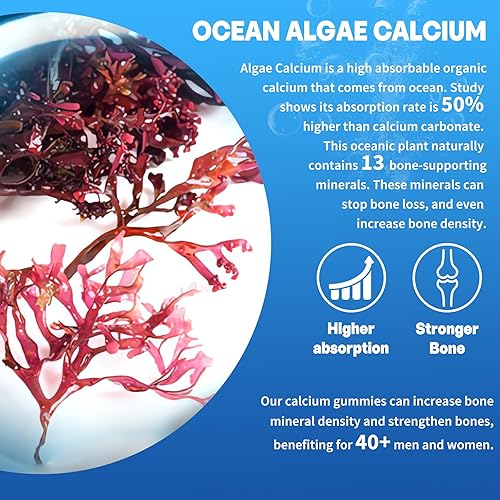 Miniatura 5 de Gomitas de calcio sin azúcar de 600 mg, calcio de algas oceánicas con vitamina D3, K2, magnesio, B6, B12, suplemento de calcio orgánico para la