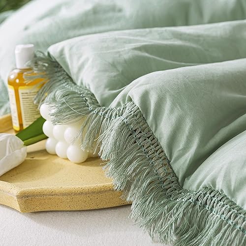 Miniatura 5 de Andency - Juego de edredón con borlas color verde salvia, tamaño matrimonial (79 x 90 pulgadas), 3 piezas (1 edredón con flecos, 2 fundas de