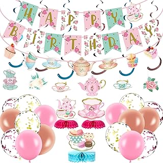 27 Pieces Tea Party Decorations Girls Tea Party Supplies with Floral Tea Birthday Banner Centerpiece Floral Tea Hanging Decorations for Floral Tea Party Birthday Baby Shower Decor