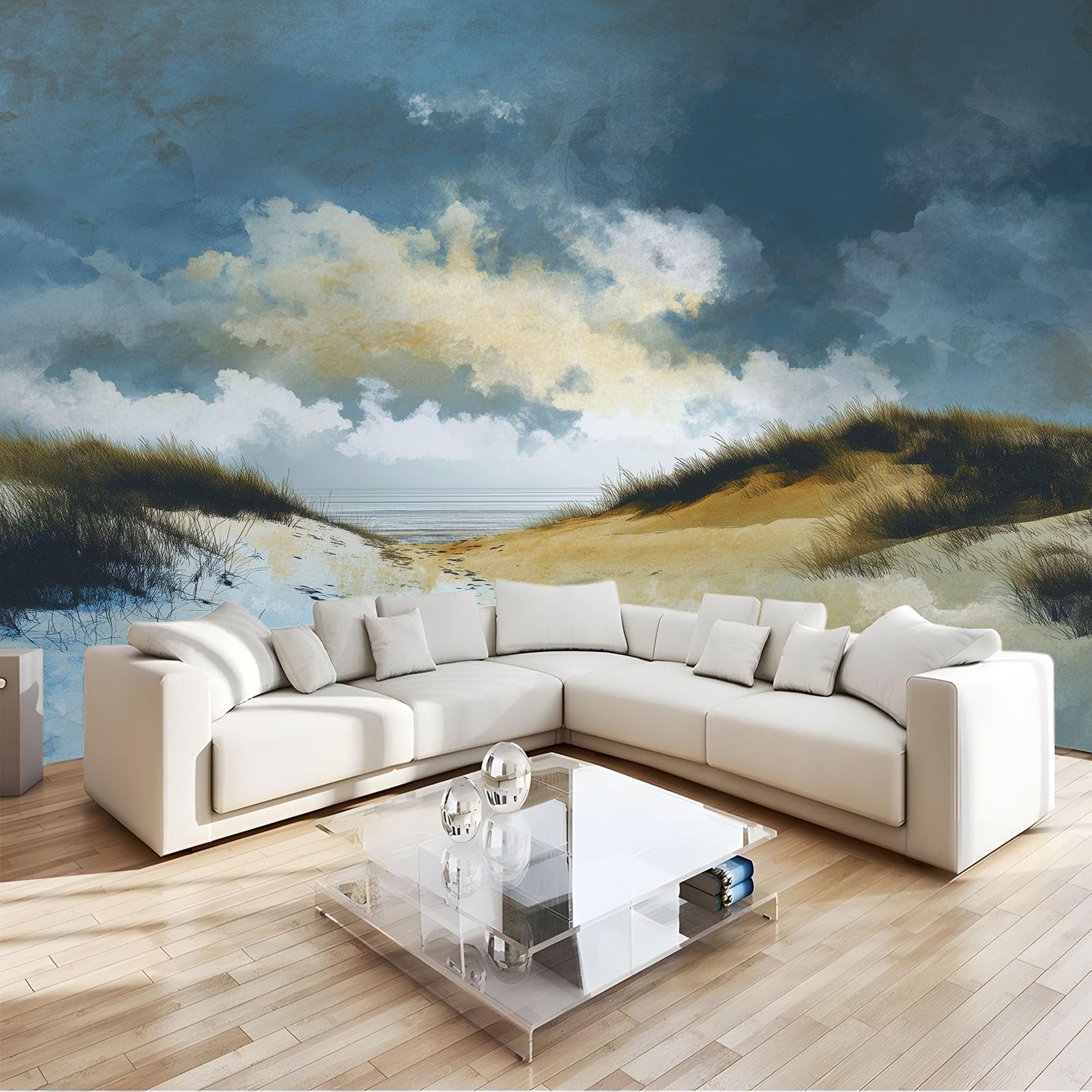 Generisch Tapeta panoramiczna 3D 350 x 256 cm (szer. x wys.), do salonu, sypialni, szaro-niebieska, odporna na promieniowanie UV tapeta z włókniny na ścianę - abstrakcyjna ręcznie malowana tapeta na