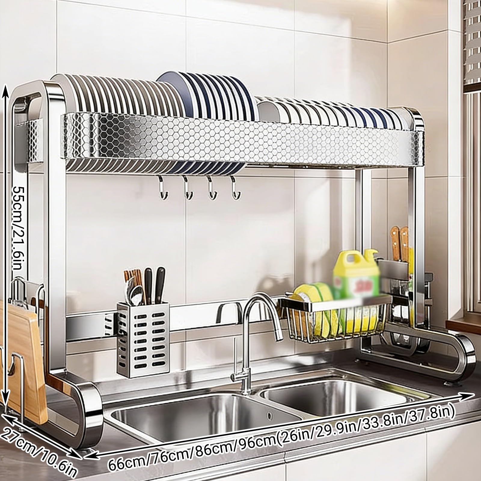 Escurridor de platos de acero inoxidable de 2 niveles con soporte para utensilios, escurridor de encimera de cocina para platos, vasos, cuencos y cubiertos