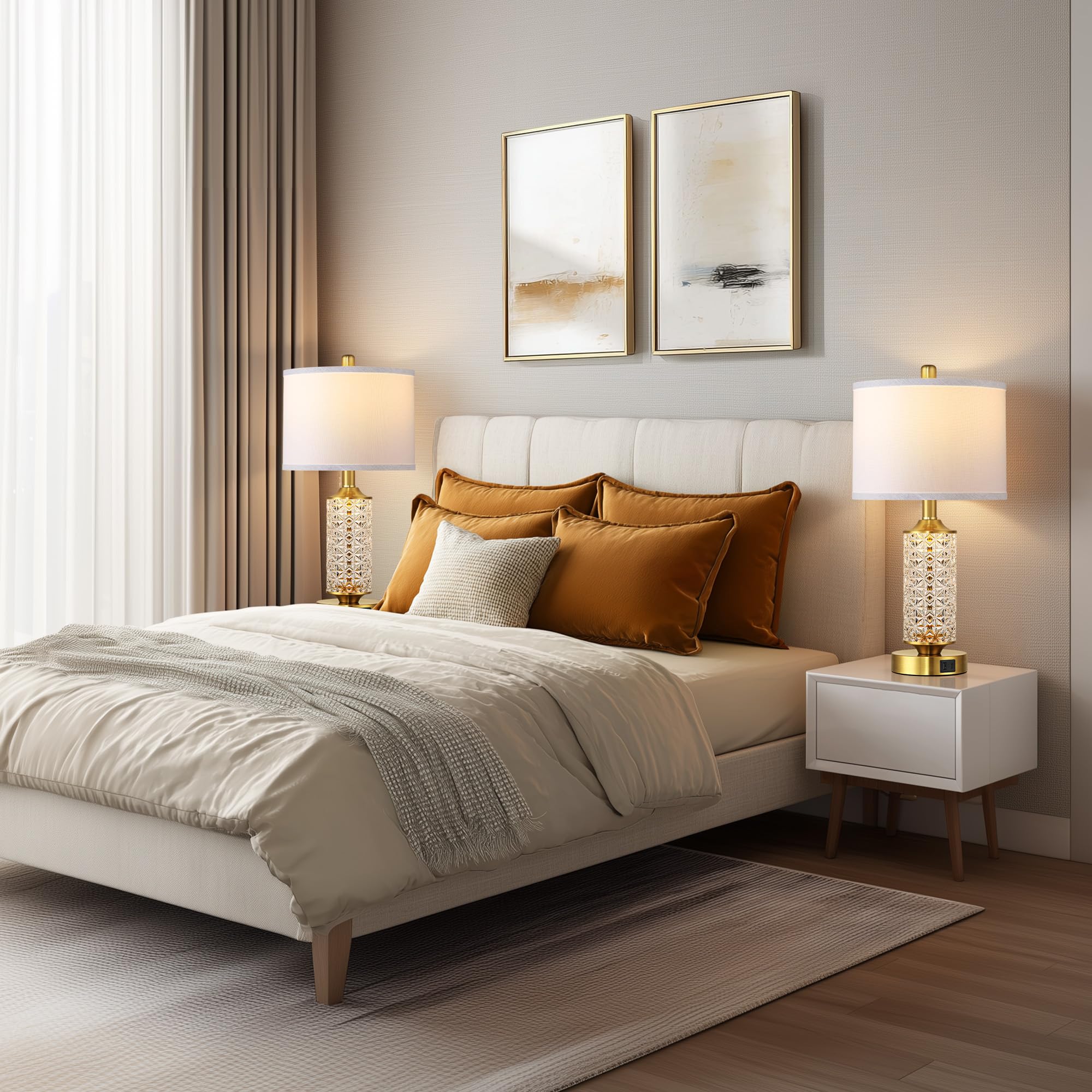 2er Set Tischlampen mit USB-Anschlüssen, Moderne Nachttischlampe mit LED-Nachtlicht, Nachttischlampe für Schlafzimmer, Nachttischlampen für Wohnzimmer Büro (Gold)(2 Leuchtmittel enthalten)
