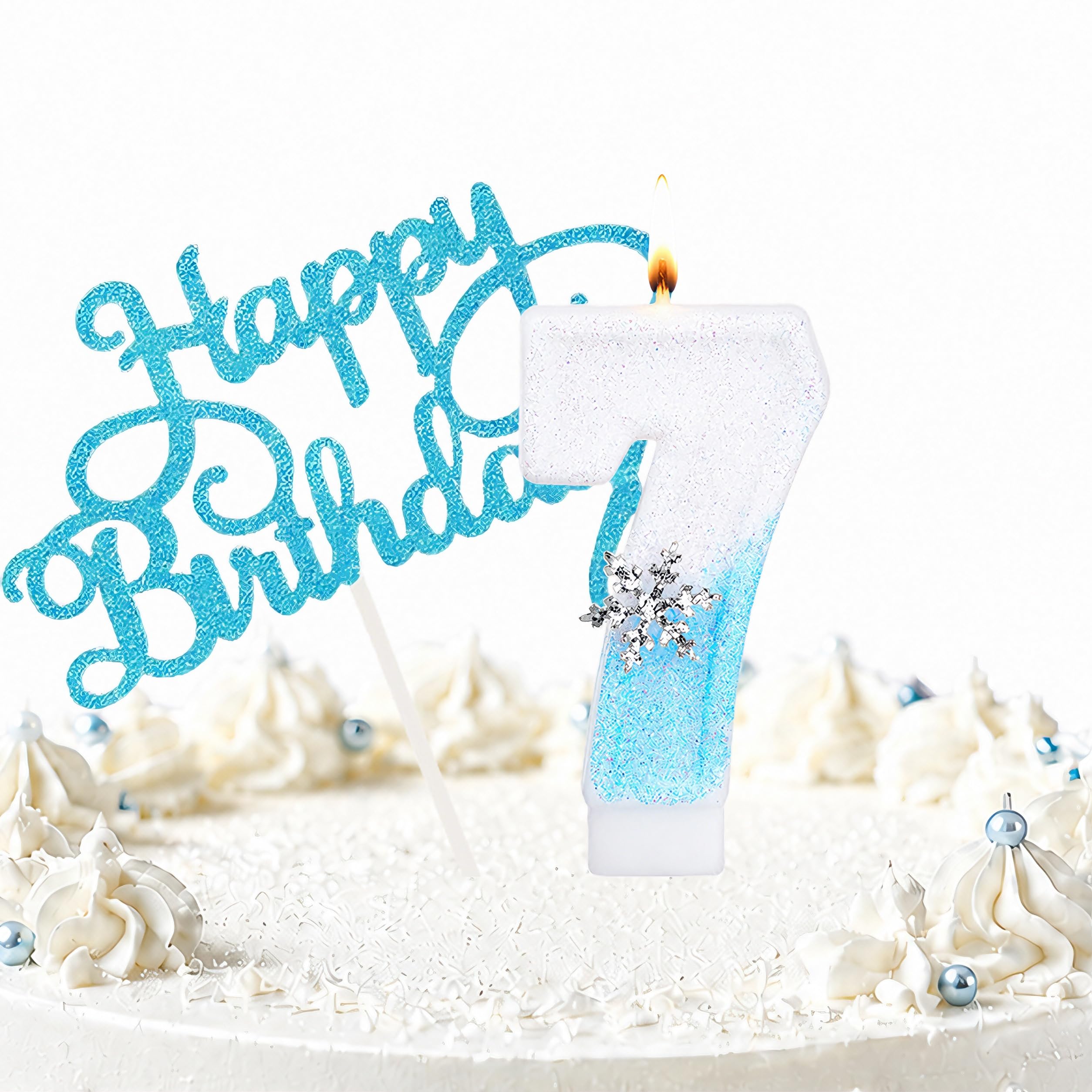 Snowflake Birthday Candles, Blue Glitter Snowflake Number Candle with Themed Birthday Decorations, 2PCS Cake Toppers for Girls Birthday Party (7 Candle,Snowflake)