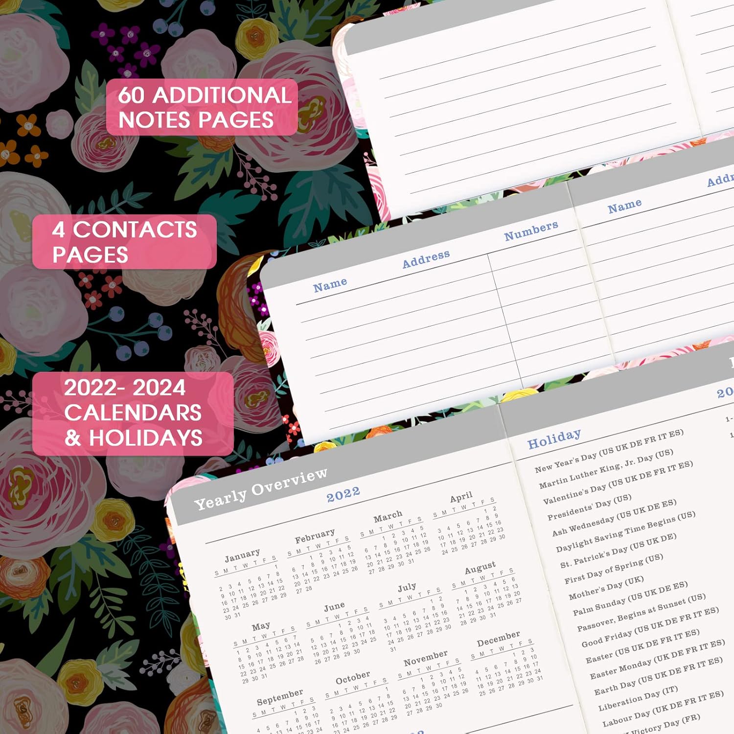 2022-2024 Pocket Planner/Calendar - 36 Months Monthly Pocket Planner from Jan. 2022 - Dec. 2024, 6.3''×3.8'', Agenda Planner, Organizer, Pen Loop, Pocket, Book Markers, Flora Hardcover, Thick Paper : Office Products