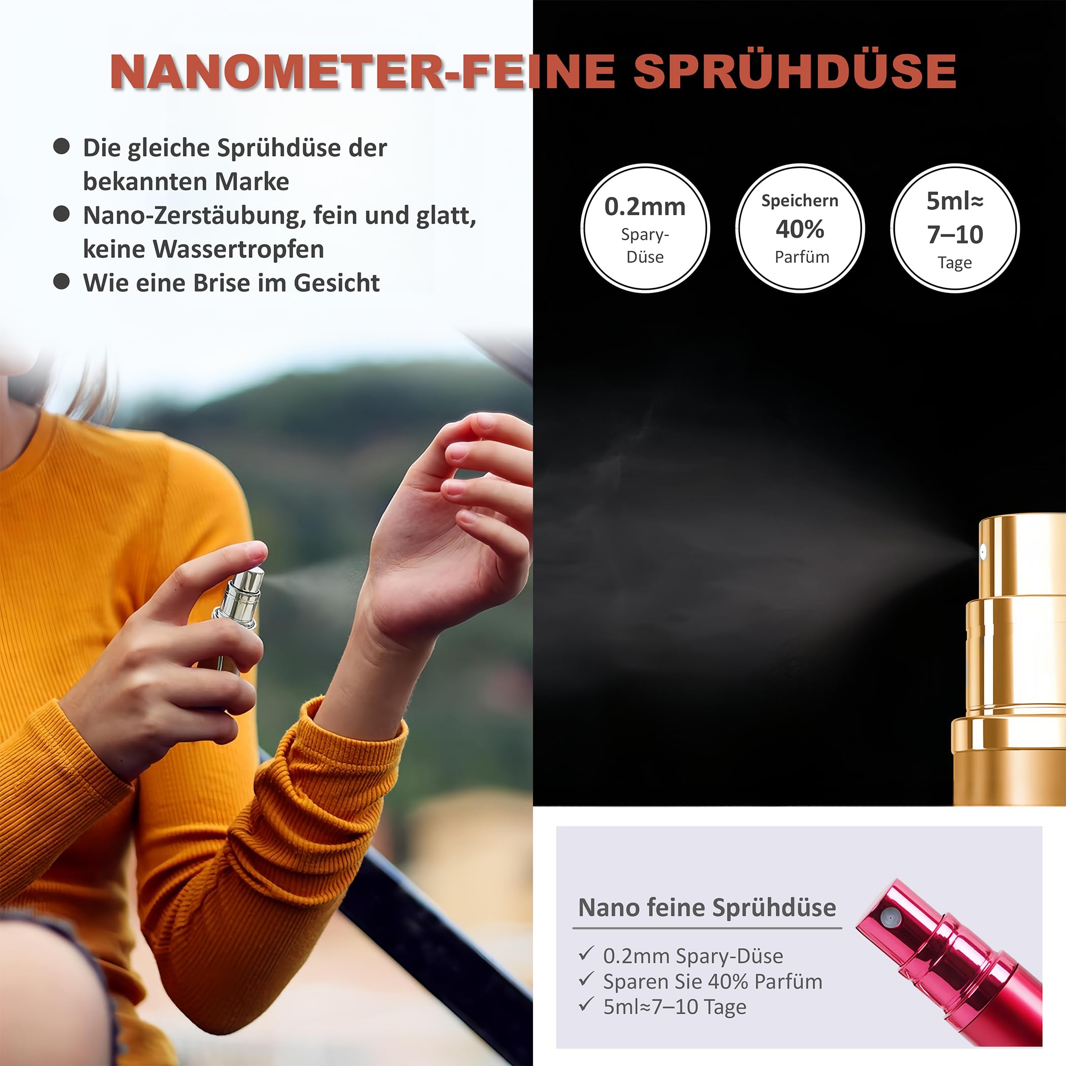 Parfüm Reise Nachfüllbare Flasche Tragbare Zerstäuber Spray Flasche Duft Pumpe Füllen von unten Mini Tasche Größe 5ml für Reisen und Ausgehen (Gold)