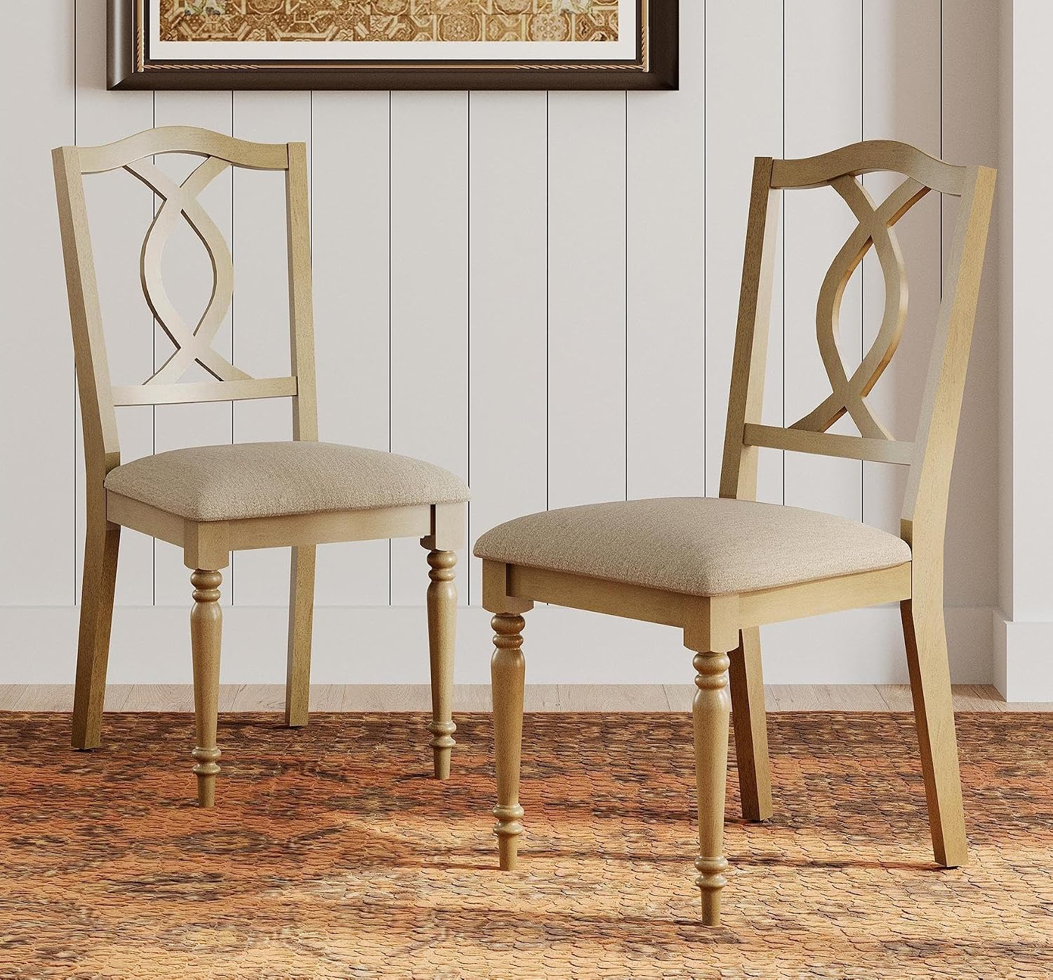 WAMPAT Dining Chairs Set of 2 Upholstered Chairs, Wood Dining Chair with Cross-Back & Rubber Wood Gourd-Shaped Leg, Farmhouse Kitchen Chair for Dining Room, Living Room, Oak