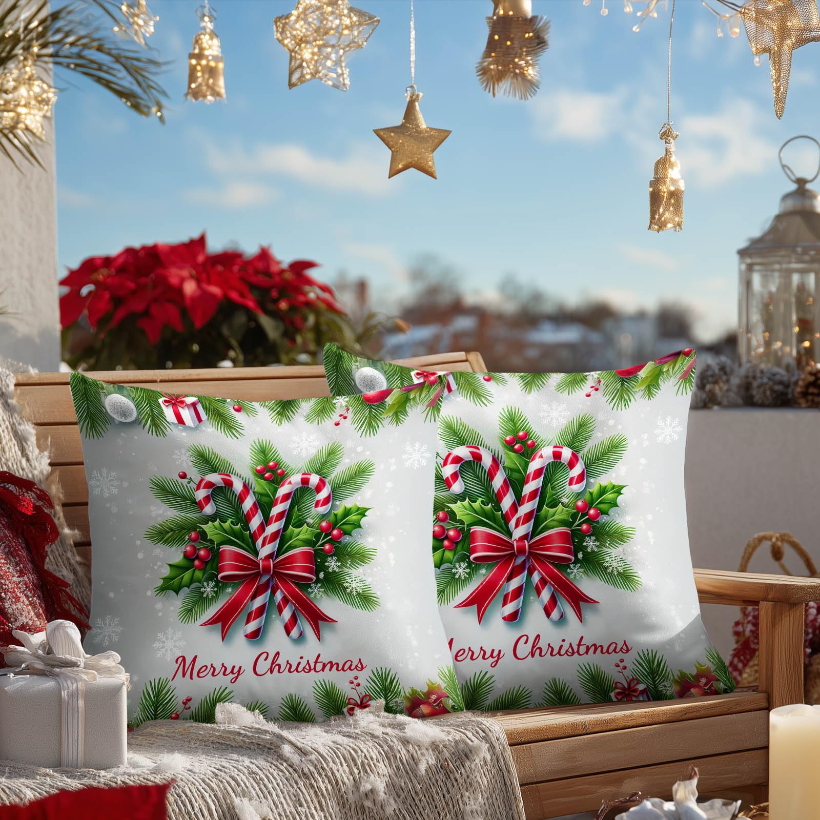 HOMETITUTE 18x18 Inch Set of 2 Christmas Throw Pillow Covers Soft Decorative Candy Cane Cushion Covers Holiday Winter Christmas Pillow Cases Rustic Farmhouse Decor for Sofa Couch Bed Living Room
