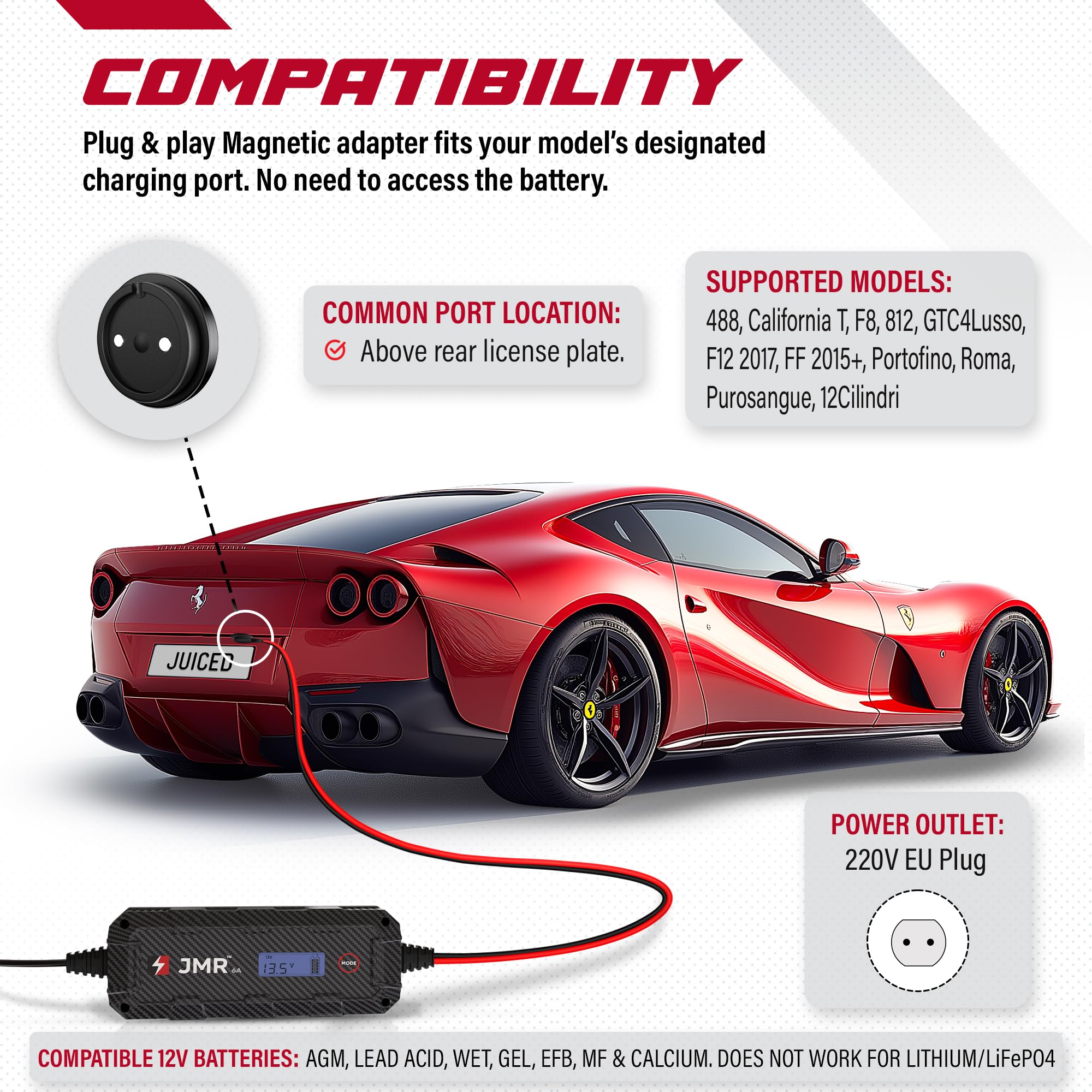 JMR Battery Charger for Ferrari 488 F8 California T Portofino 812 Roma 296 GTC4Lusso FF F12 Purosangue Trickle Charger Conditioner Maintainer (Magnetic Port, No Lithium Mode)