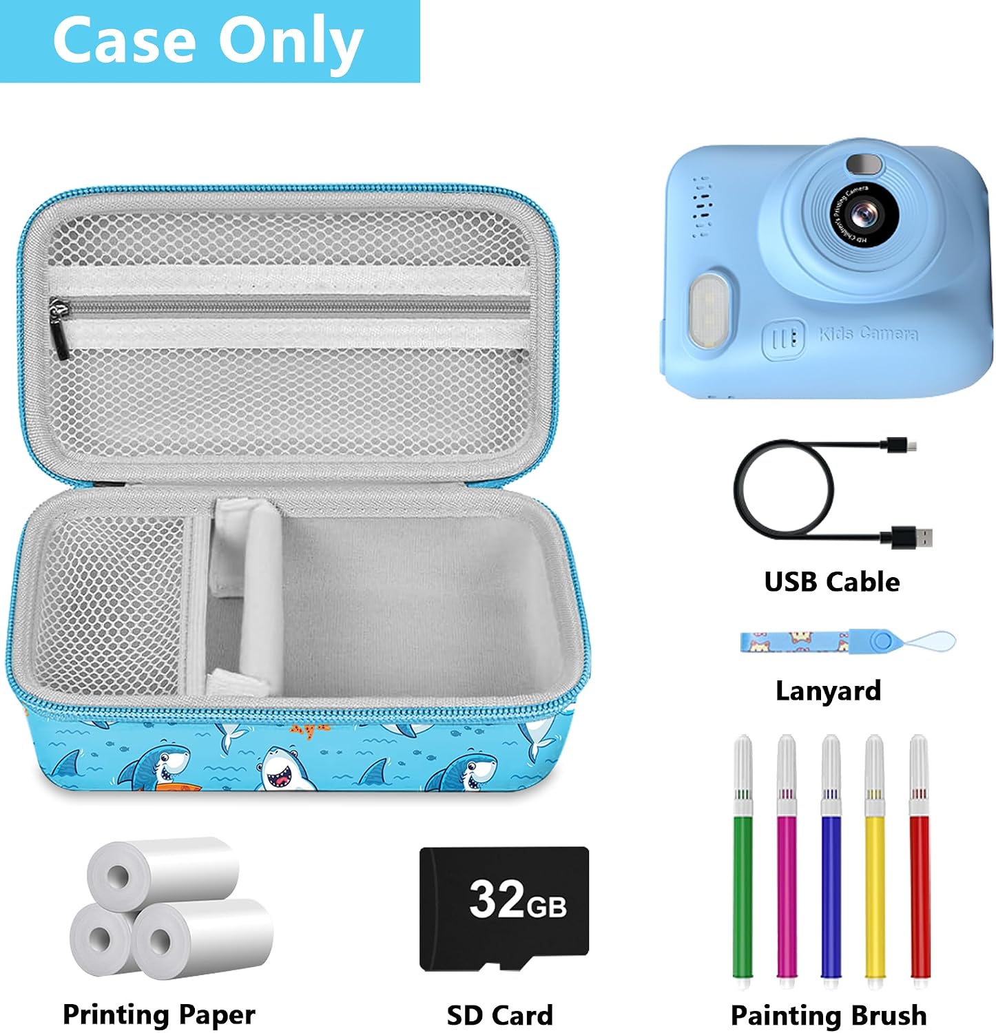 Leayjeen Kids Camera Case Compatible with Gofunly/Aasonida/CAMCLID/LETSHAHA Kids Instant Print Camera, Kids Instant Camera for 1080P Printed Photos,Birthday Gifts for Kids-Blue Sharks(Case Only)