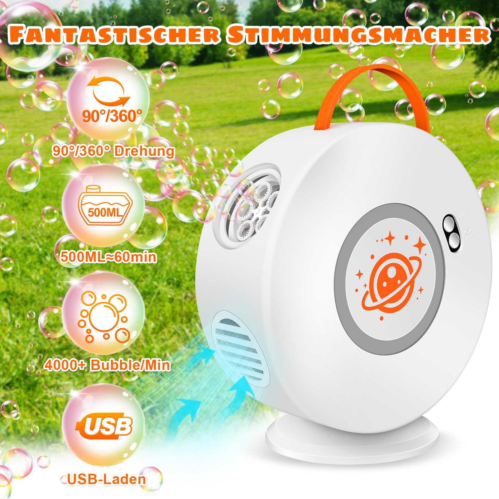 Herenear Macchina Bolle, Soffiatore Bolle Automatico con Rotazione 90°/360°, Bolle Sapone Portatile 500ml 4000+Bolle al Minuto Giocattoli Bolle per Picnic, Matrimonio, Compleanno Feste (Bianco)