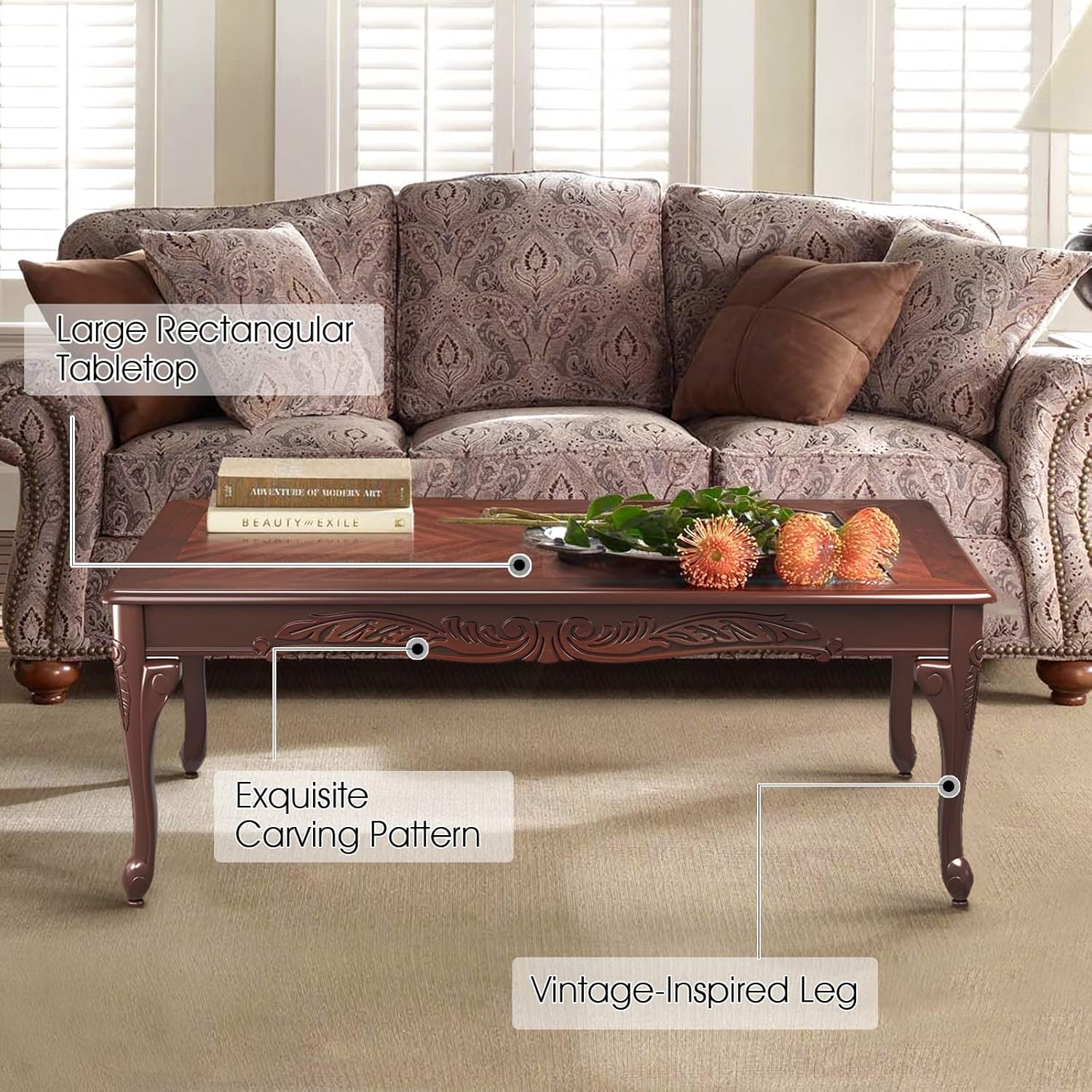 HULALA HOME 3 Piece Coffee Table Set, Farmhouse Living Room Table Set of 3, Includes 1 Rectangular Coffee Table & 2 Square End Tables with Carving Pattern, Espresso : Home & Kitchen