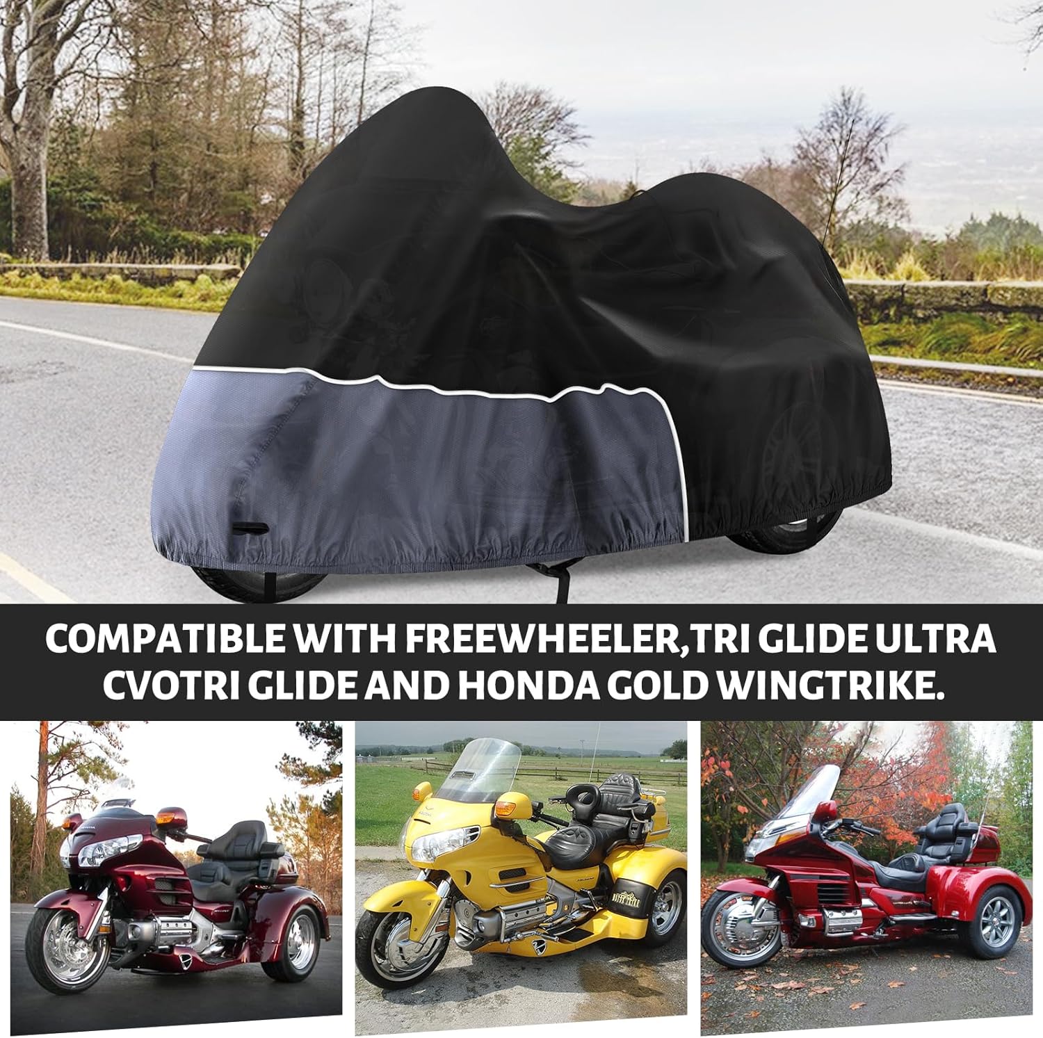 Trike Cover, Waterproof 3 Wheel Motorcycle Cover for Harley Davidson, Honda Goldwing, Kawasaki Trike Accessories, with Windproof Buckle, Reflective Strap, Black&Grey