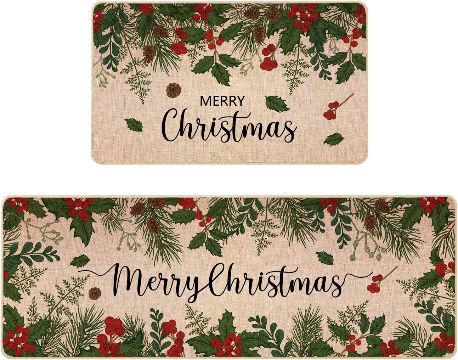Siilues Christmas Kitchen Mat Set of 2, Non-Slip Holly Pine Branches Leaves Merry Christmas Kitchen Rugs for Floor Seasonal Winter Home Decor Low-Profile - 17x29 and 17x47 Inch