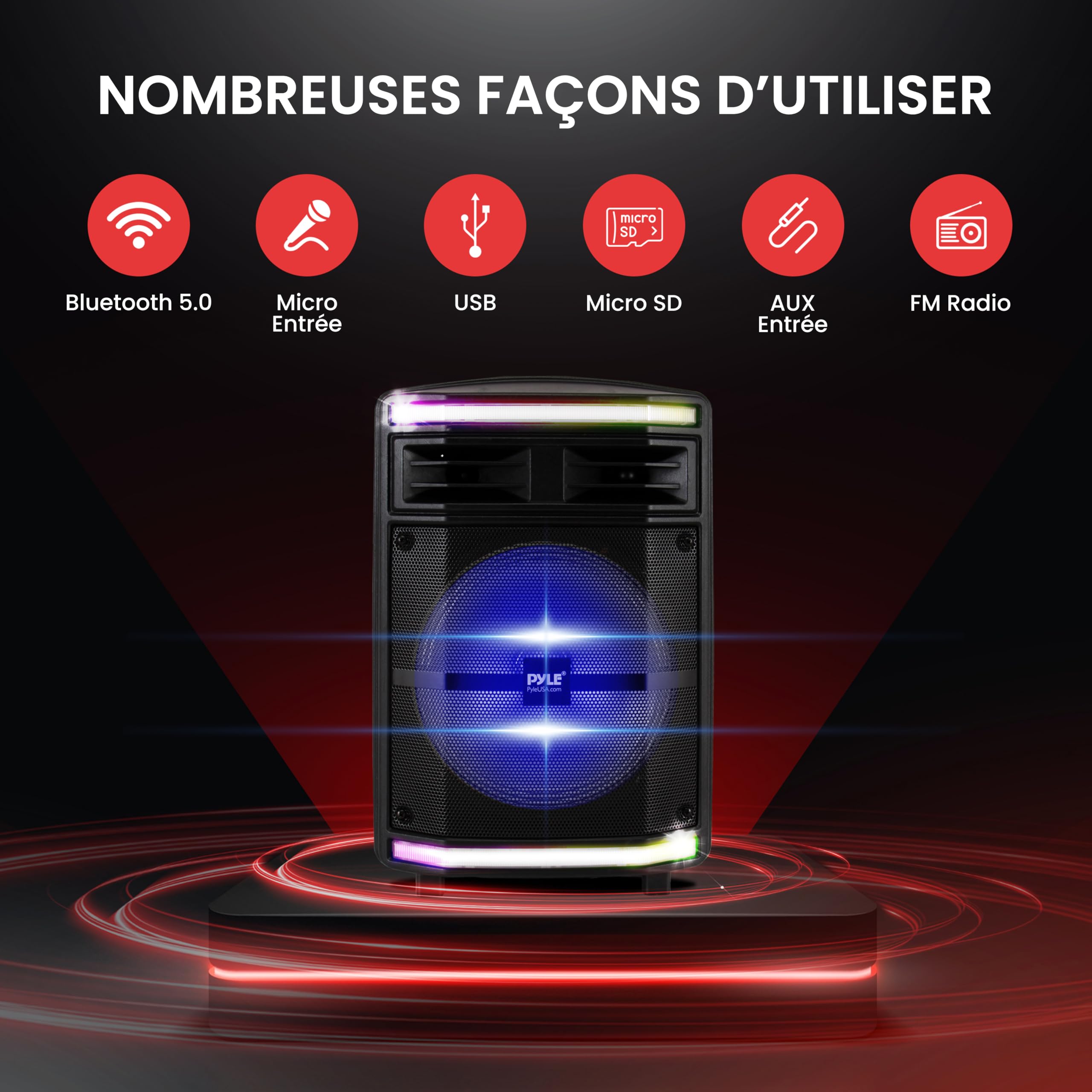 Pyle Enceinte Bluetooth Puissante-600 W, Enceinte Sono Portable, sans Fil, Eclairage LED et avec Roues, SD/USB/AUX, Karaoke Adulte, Noir