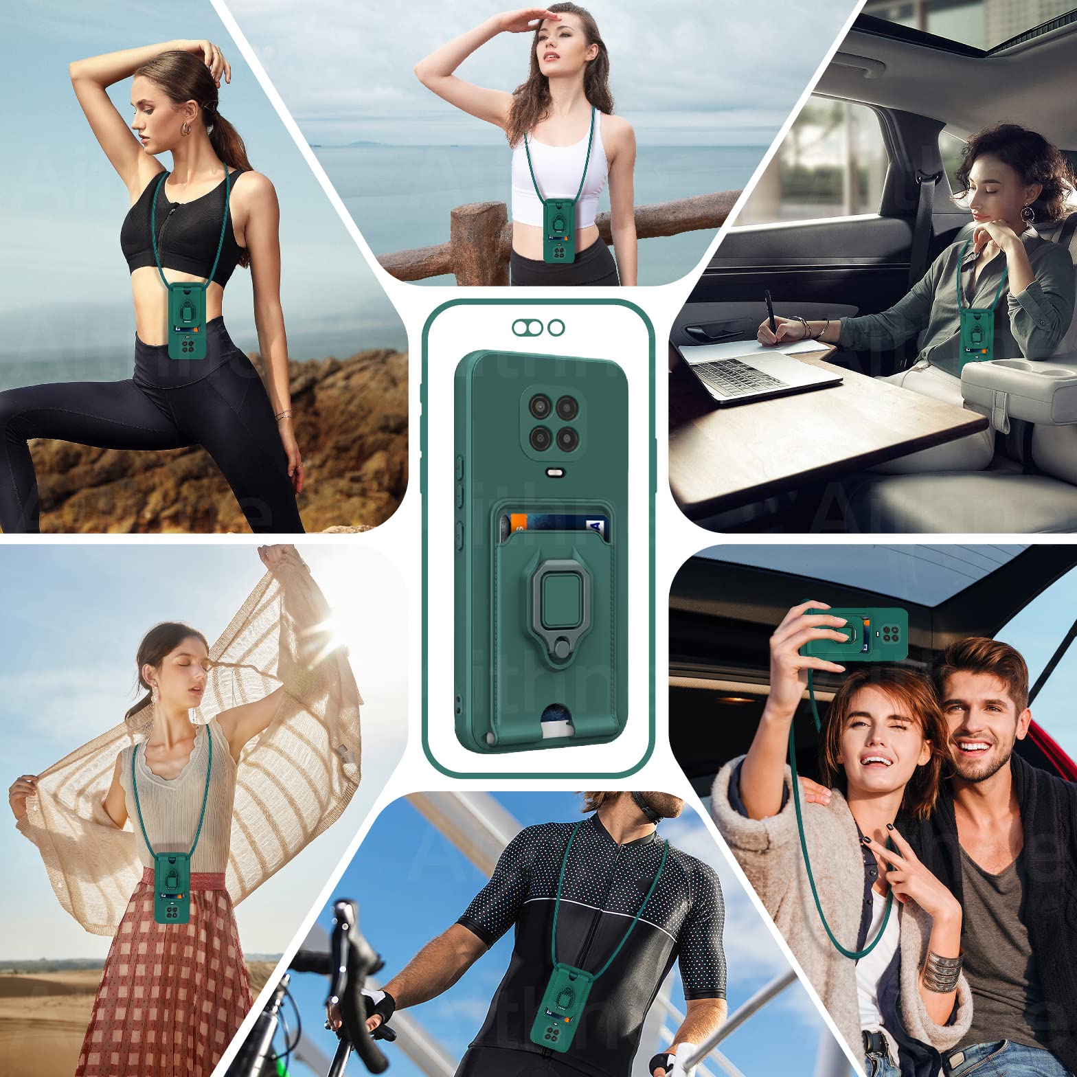 Funda con Cuerda para Xiaomi Redmi Note 14 Pro 5G / Poco X7 5G Case con Ranura para Tarjetas,360 Anillo función de Soporte Cubierta -Verde — view 2