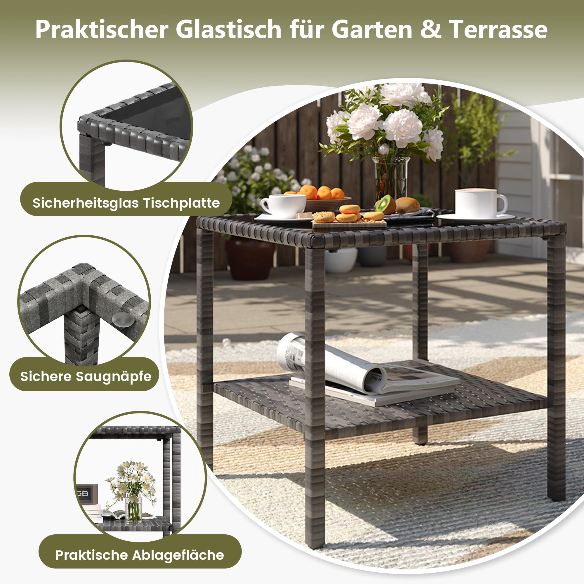 Amopatio 5-teiliges Polyrattan Gartenmöbel Set, Rattan Lounge Set mit 2 Hockern und Glastisch, Wetterfestes Garten Sofa Set mit Sitzkissen für Garten, Terrasse, Balkon, Grau