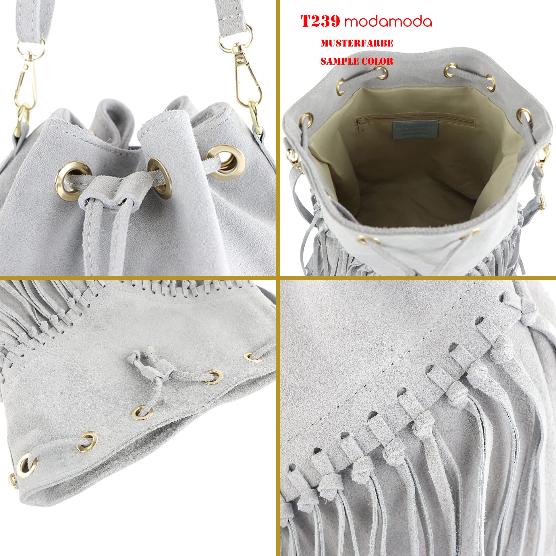modamoda de T239 - Bolso bandolera para mujer de ante con flecos, fabricado en Italia