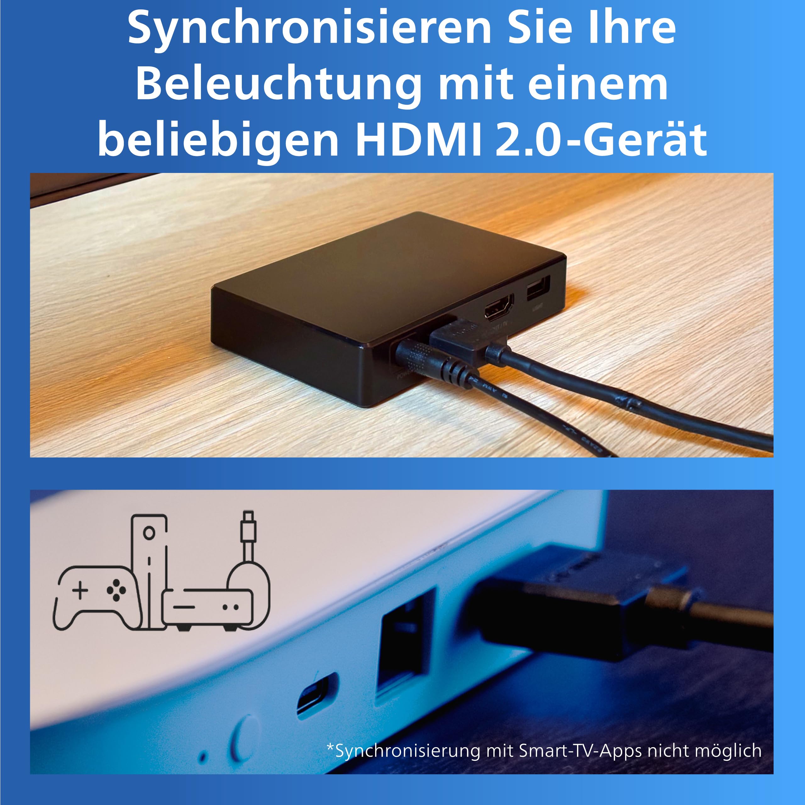 Philips Smart Lighting HDMI Sync Box m. TV-Backlight, RGBIC-LED-Streifen für 40–50-Zoll-TVs, Synchr. mit Filmen, Musik, HDMI 2.0, 4K bei 60 Hz, Connected by WiZ, Externe Videoquelle Erforderl.