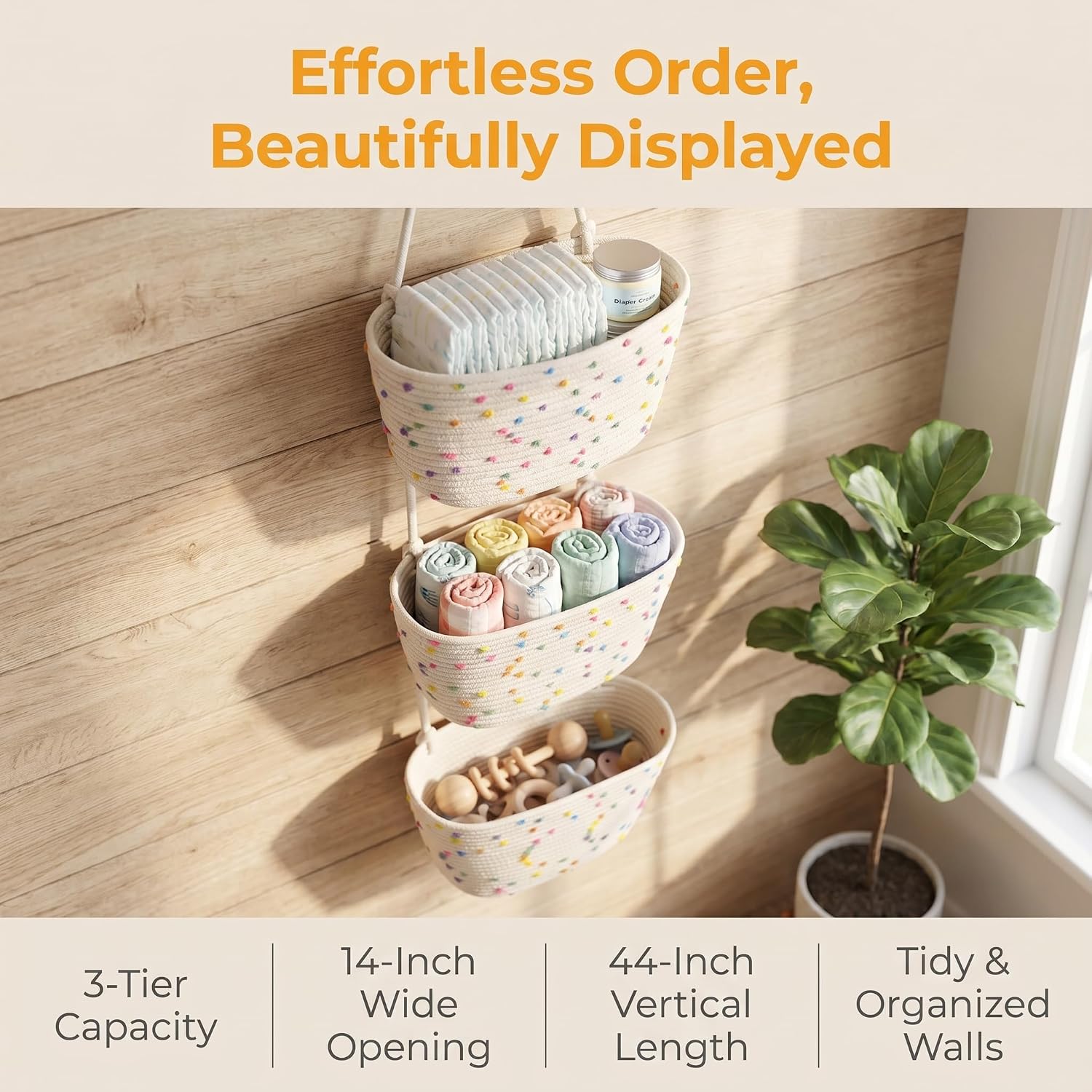 3-Tier Woven Cotton Rope Hanging Basket, Over the Door Organizer, Adjustable Detachable Wall Basket with Metal & Adhesive Hooks, No Drilling for Playroom, Kids Bedroom & Nursery Toy Storage