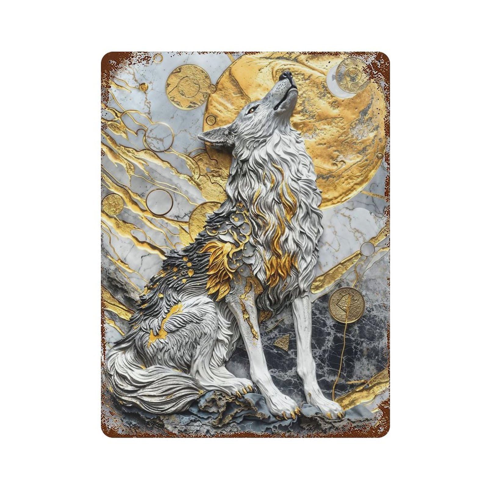 Golden Moonlight Wolf Rust Effect Tin Sign 15.7"x11.8", Rustic Home Decor for Garage, Pub Or Kitchen