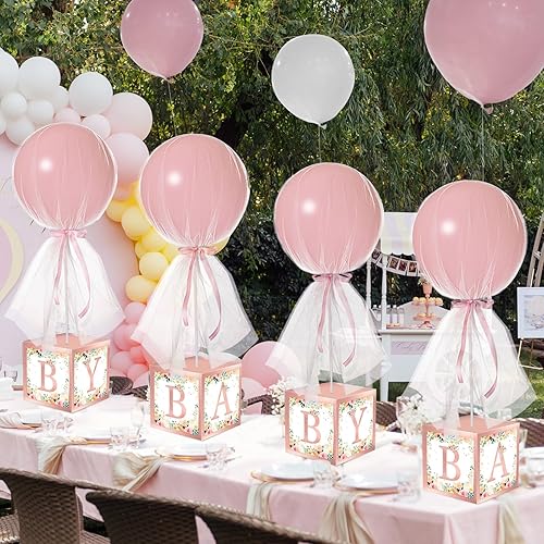 Juego de 6 globos tutú de tul rosa para niña con cajas de letras, centros de mesa de baby shower, decoración para revelación de género, globos de 24