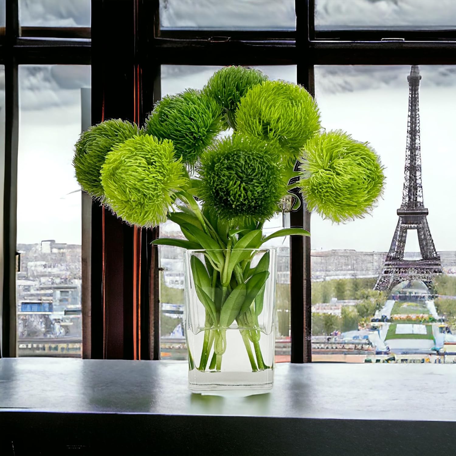 BLUE PARIS FLOWERS Green Real Touch Dianthus Arrangement, Modern Home/Office Decor, Artificial Faux Flower Centerpiece in Glass Vase for Home Decor Floral Gift