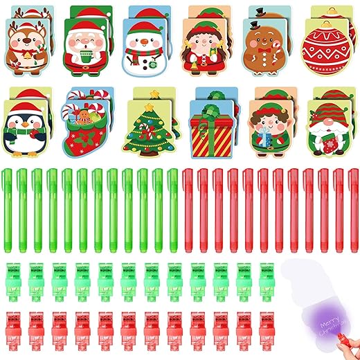 Faccito 24 Sets Christmas Students Gifts Bulk Classroom Rewards Invisible Ink Pen Notebook Finger Plastic Lights Christmas Class Gift Xmas Holiday Party Favors Assorted Stationery School Prizes Filler