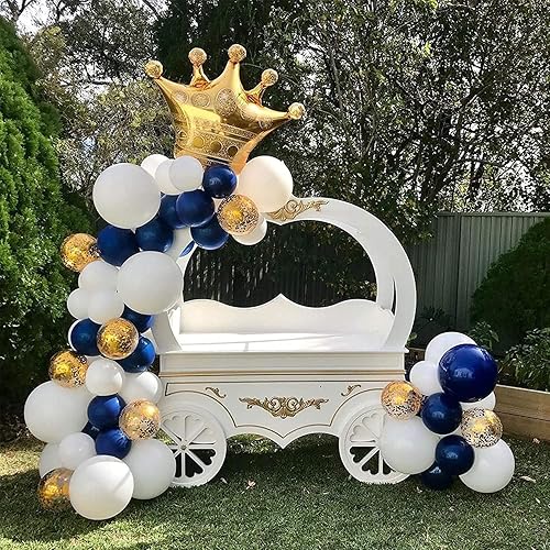 Miniatura 4 de Kit de arco de guirnalda de globos azul marino, globos dorados y blancos con corona de papel de aluminio para niños, fiesta de cumpleaños,