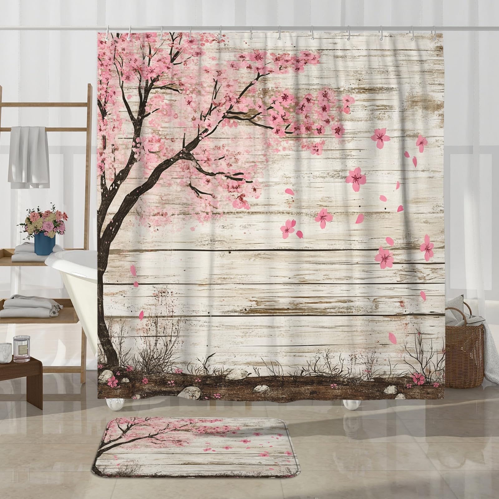 4 cortinas de ducha rústicas de cerezo en flor de primavera de 72 x 72 pulgadas con ganchos, juego de baño con alfombra de baño, cubierta de tapa de inodoro en forma de U, decoración de tela de baño